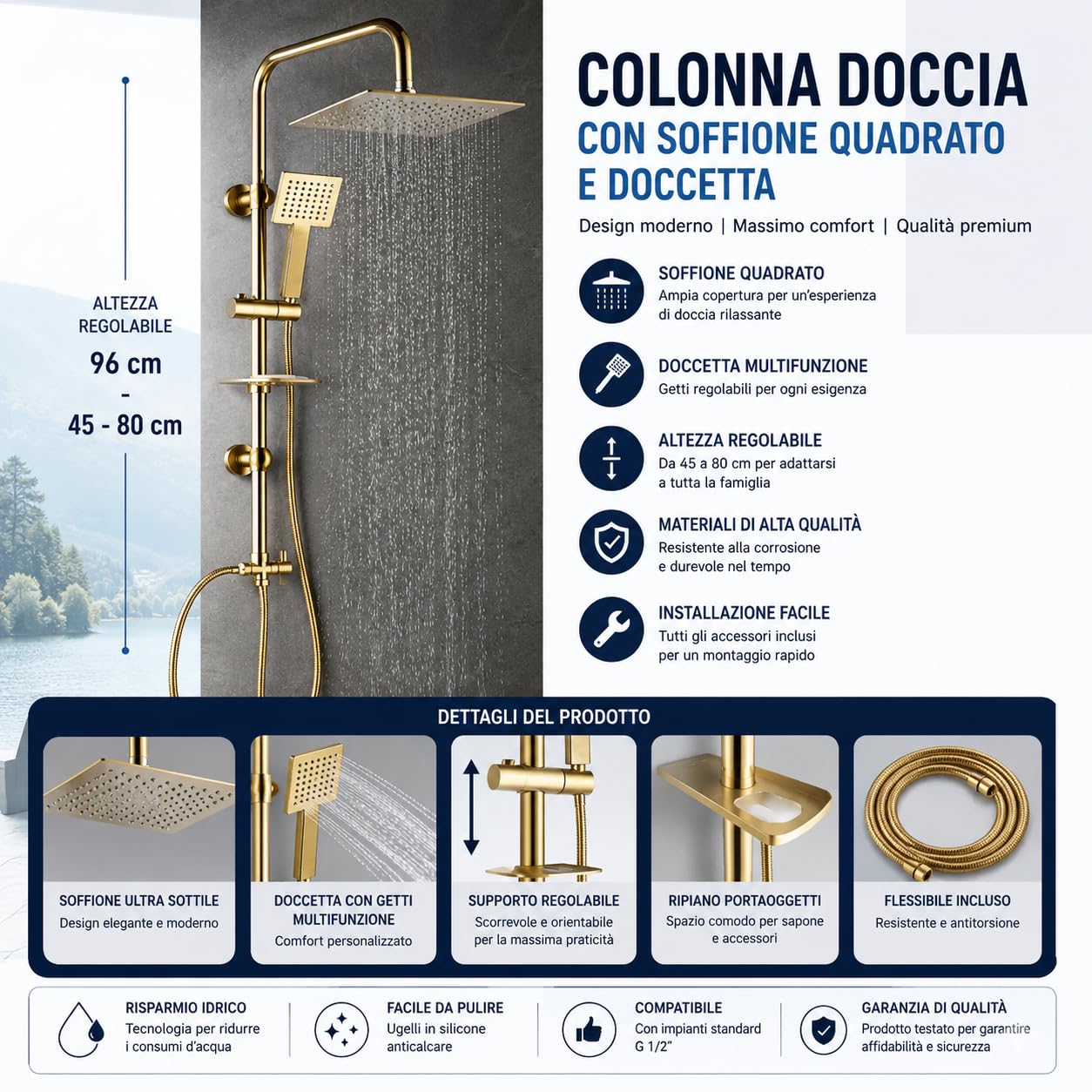 Topolenashop Colonna Doccia Oro Senza Miscelatore Con Soffione Quadrato, Doccetta, Deviatore e Portasapone, Asta Saliscendi Regolabile 96 cm Con Flessibile 1,8 m | 87305