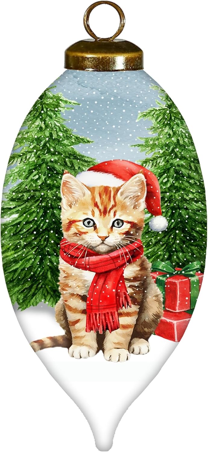 Suzanne Nicollによる毛皮のような明るい子猫のオーナメント &ndash; サンタハット付きハンドペイントガラス猫クリスマスオーナメ