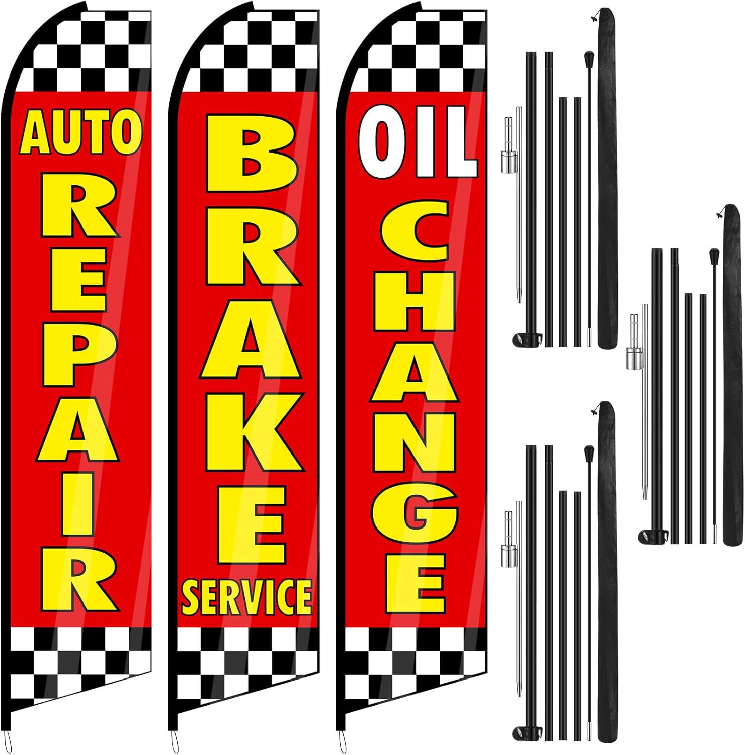 3 Pack Auto Repair Feather Flag with Pole Kit 12 Ft Advertising Flags for Business Outside Automotive Service Brake Oil Change Banner Feather Signs Set for Auto Repair Shop Supplies