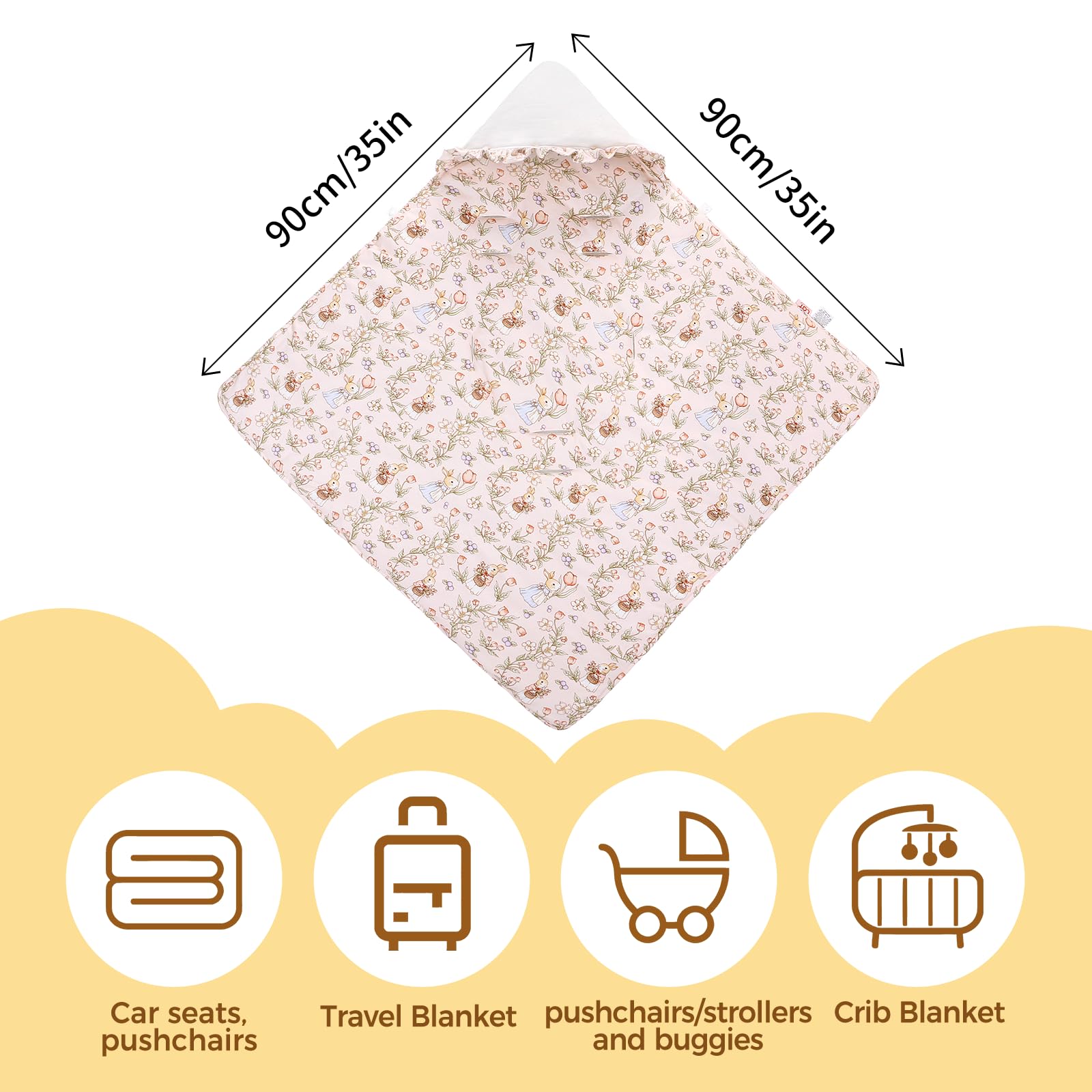 LAT Einschlagdecke für Babyschale, 90 * 90CM Universal Babydecke für Neugeborene, Kuscheldecke mit Kapuze Babydecke für Kinderwagen Buggy Autositz (Kaninchen und Blumen)