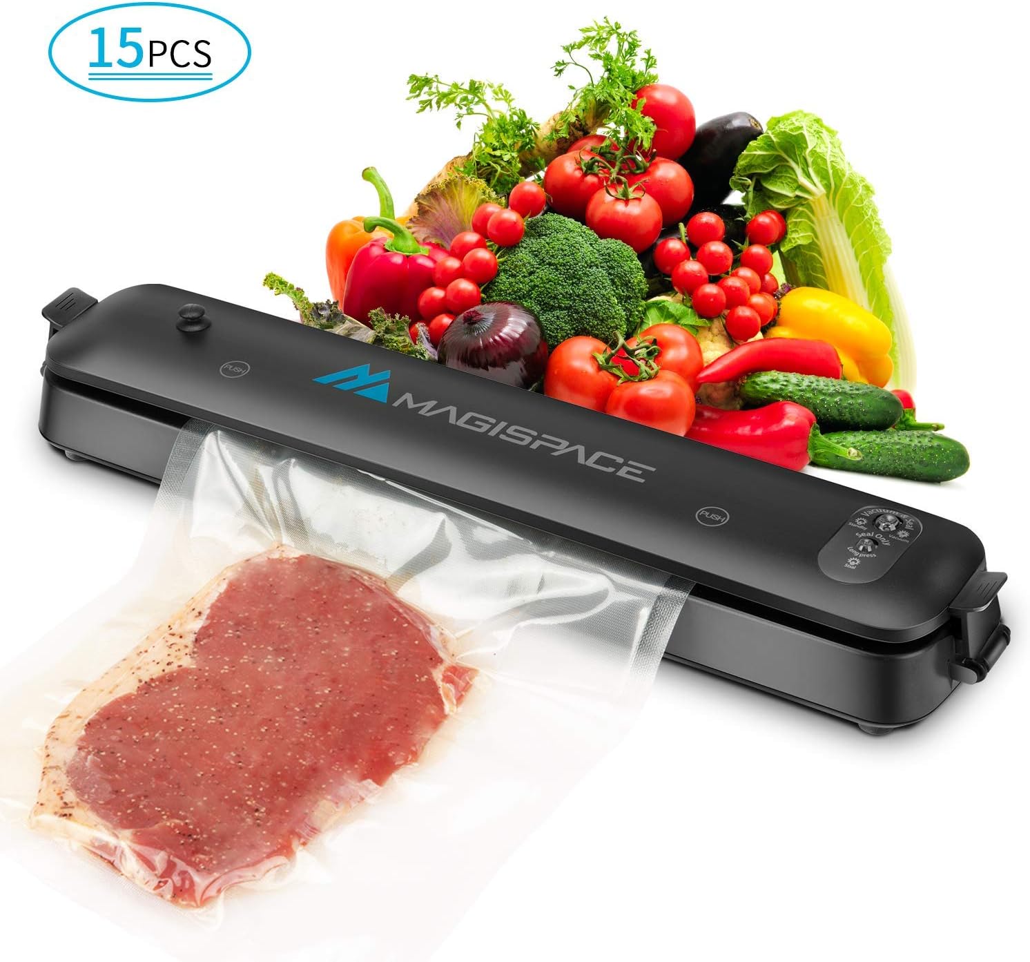 Food Vacuum Sealer Machine,Magispace Automatic Vacuum Sealer for Food Saver,Compact for Dry&Moist Food Storage,With 15pcs Starter Bags[7.8"×9.8"]
