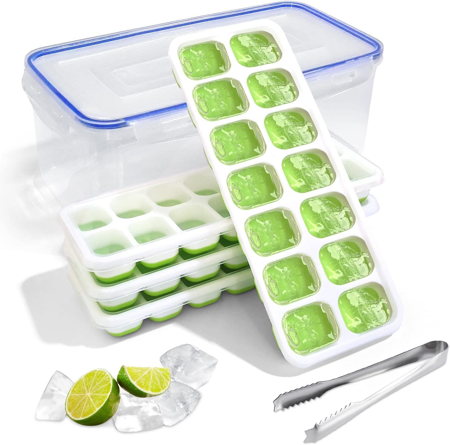 Ice Cube Trays 4pack Ice Cube Moulds with Non-Spill Lids and Sealed Ice Bin Silicone Easy Release Ice Cube Maker for Freezer(Green)