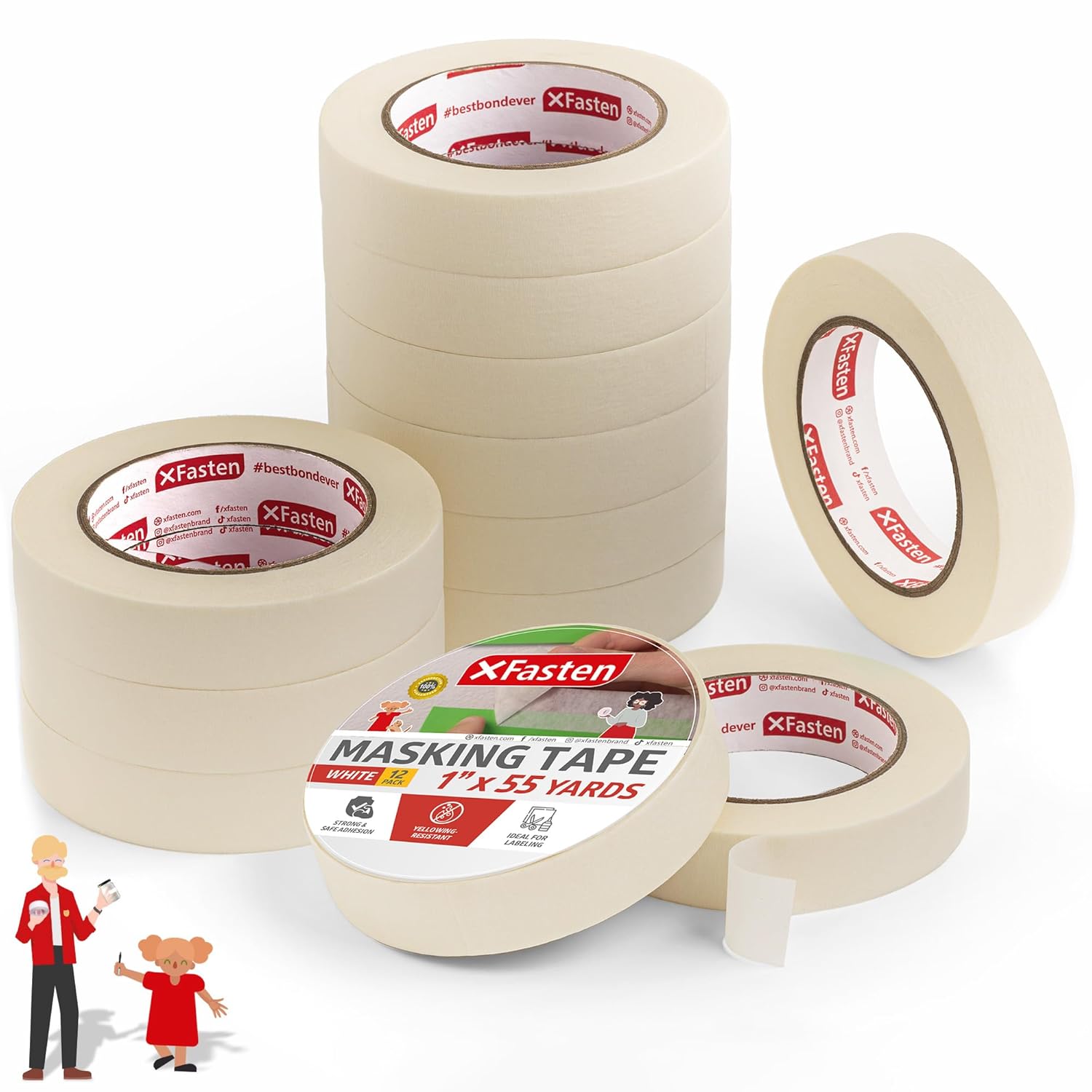 XFasten White Masking Tape 3/4 Inch Wide x 165 Feet (24-Pack, 3960 Feet Total) Residue-free, Easy-to-Tear Painters General Purpose Masking Tape Bulk for Artists, Painting, Art, Teacher School Supplies