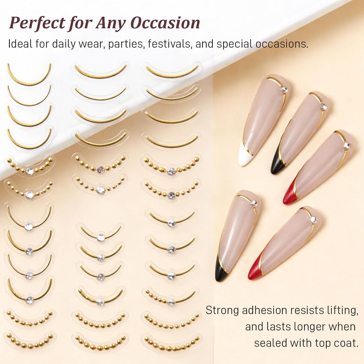 5D Embossed French Line Nail Art Stickers with Rhinestones – 4 Sheets Gold French Tip & Wave Curve Adhesive Decals for Y2K Manicure Designs