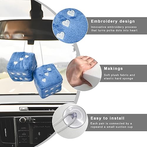 Vista 3 de 2 PCS Dados de Felpa Mullidos para Espejo de Automóvil, 2.75" Forma Cuadrada de Corazón Retro, Decoración Linda para Espejo Retrovisor de Automóvil