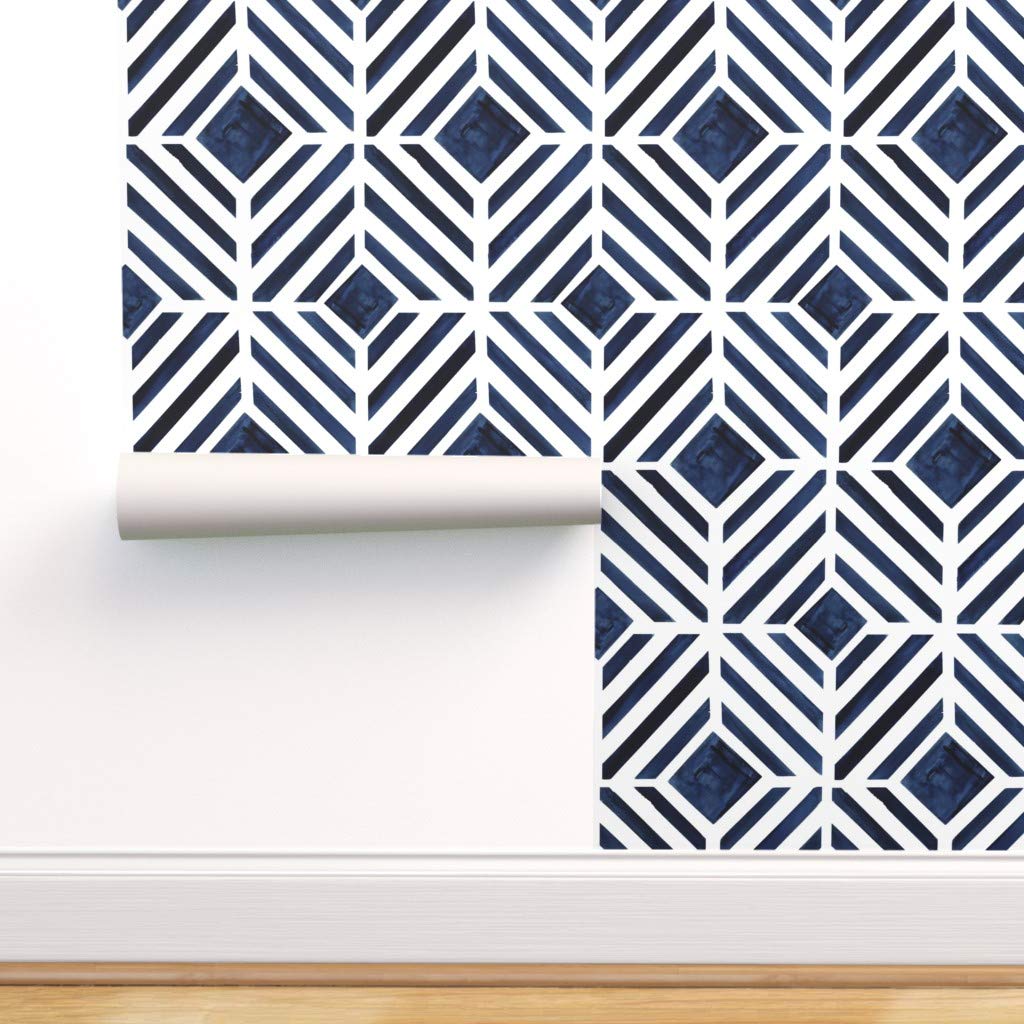 Spoonflower Peel and Stick Removable Wallpaper, Navy Blue Geometric Midnight Watercolor Stripe Geo Print, Self-Adhesive Wallpaper 12in x 24in Test Swatch