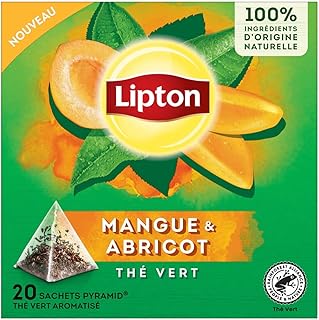 Lipton, Thé Vert, Thé Vert Aromatisé, Infusion à Froid ou Chaud, Goût Mangue & Abricot, Ingrédients d'Origine 100% Naturelle, 20 Sachets Pyramid