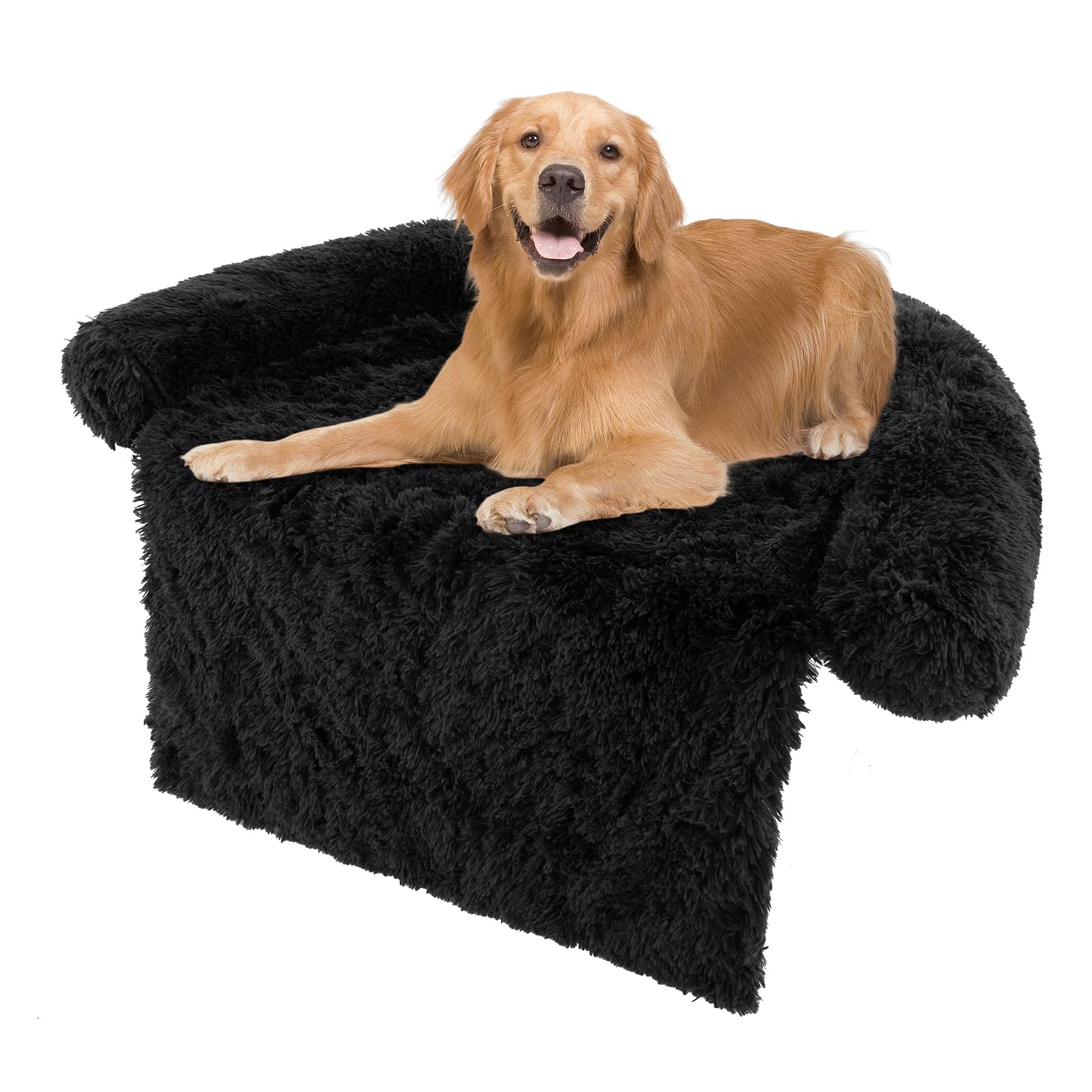 COSTWAY Plush Dog Sofa Bed, Calming Pet Sleep Couch with Anti-Slip Bottom, Washable Cover, Soft Neck Bolster, Fluffy Puppy Cats Bed Mat for Small Medium Large Dogs (L, Black)