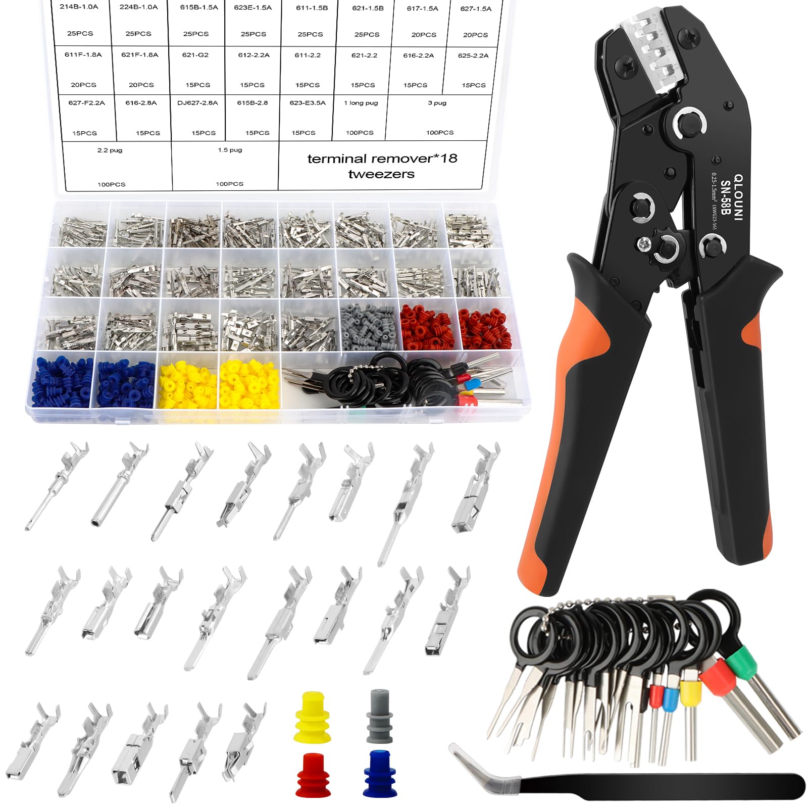 Kit de connecteurs électriques auto 815 pièces avec pince à sertir SN-58B, cosses 1,0–3,5 mm, bouchons d’étanchéité et extracteurs de broches pour voiture, moto, bateau