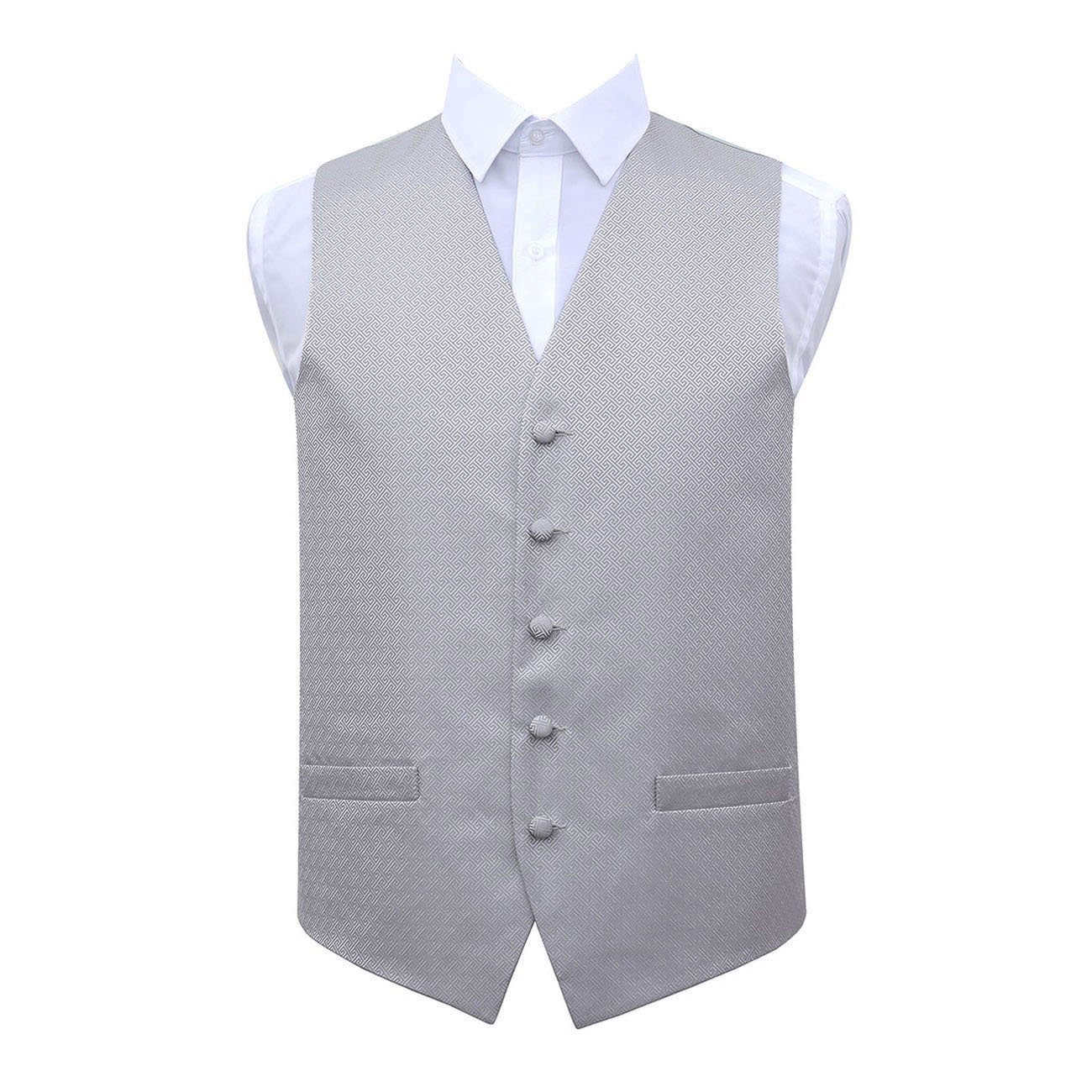 DQT Mens Greek Key Patterned Jacquard Waistcoat – Wedding Business & Formal Suit Vest - Silver 38" (M)