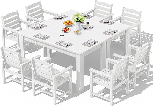 SERWALL Juego de comedor de patio para 8, juegos de comedor al aire libre para 8 personas con 2 agujeros para sombrilla, mesas rectangulares