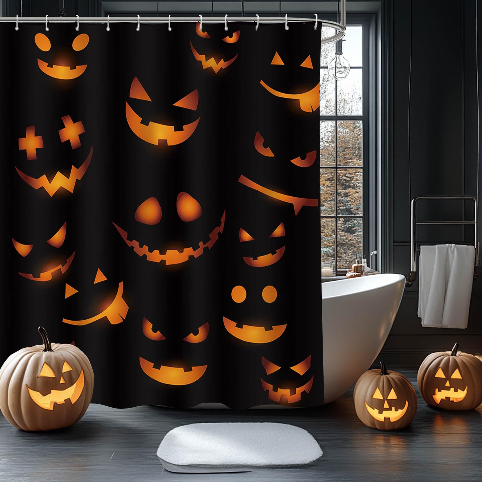 AIBIIN Halloween Shower Curtain Black Evil Pumpkin Bath Curtains Durable Waterproof Polyester Material with 12 Hooks 180x180cm - Image 3