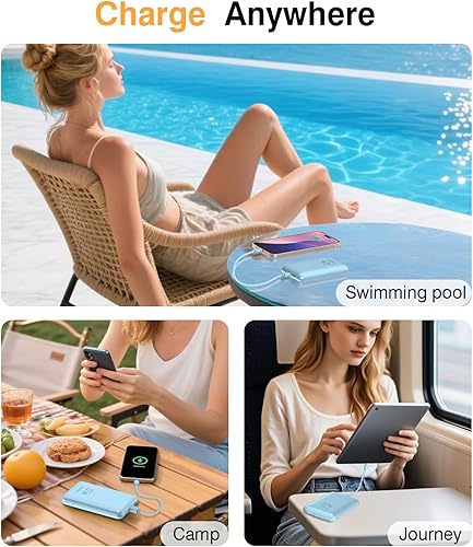 Portable Charger Power Bank,Portable Phone Charger 10000mAh,22.5W Fast Charging with Built in Cables,Travel Battery Pack Compatible with iPhone 17/16/15/14/13,Android, iPad,Airpods(Pink)(Blue)