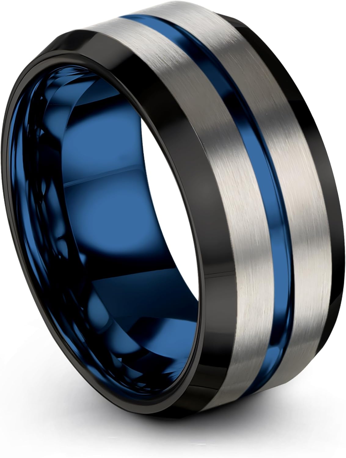 P. Manoukian Tungsten Carbide Wedding Band Ring 10mm 8mm 6mm 4mm for Men Women Blue Black Center Line Grey Exterior Bevel Edge Brushed Polished Personalized Custom Engraving Anniversary Engagement