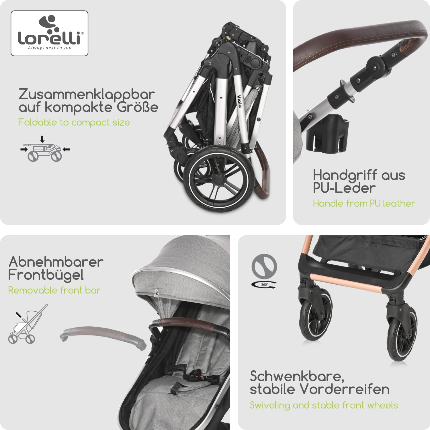 Lorelli Viola Kinderwagen 3 in 1 mit Babyschale, Babywanne umwandelbar in Sportsitz, Baby Kombikinderwagen bis 22kg, Zusammenklappbar, Große Gummireifen, Großer Einkaufskorb, Fußsack, Beige