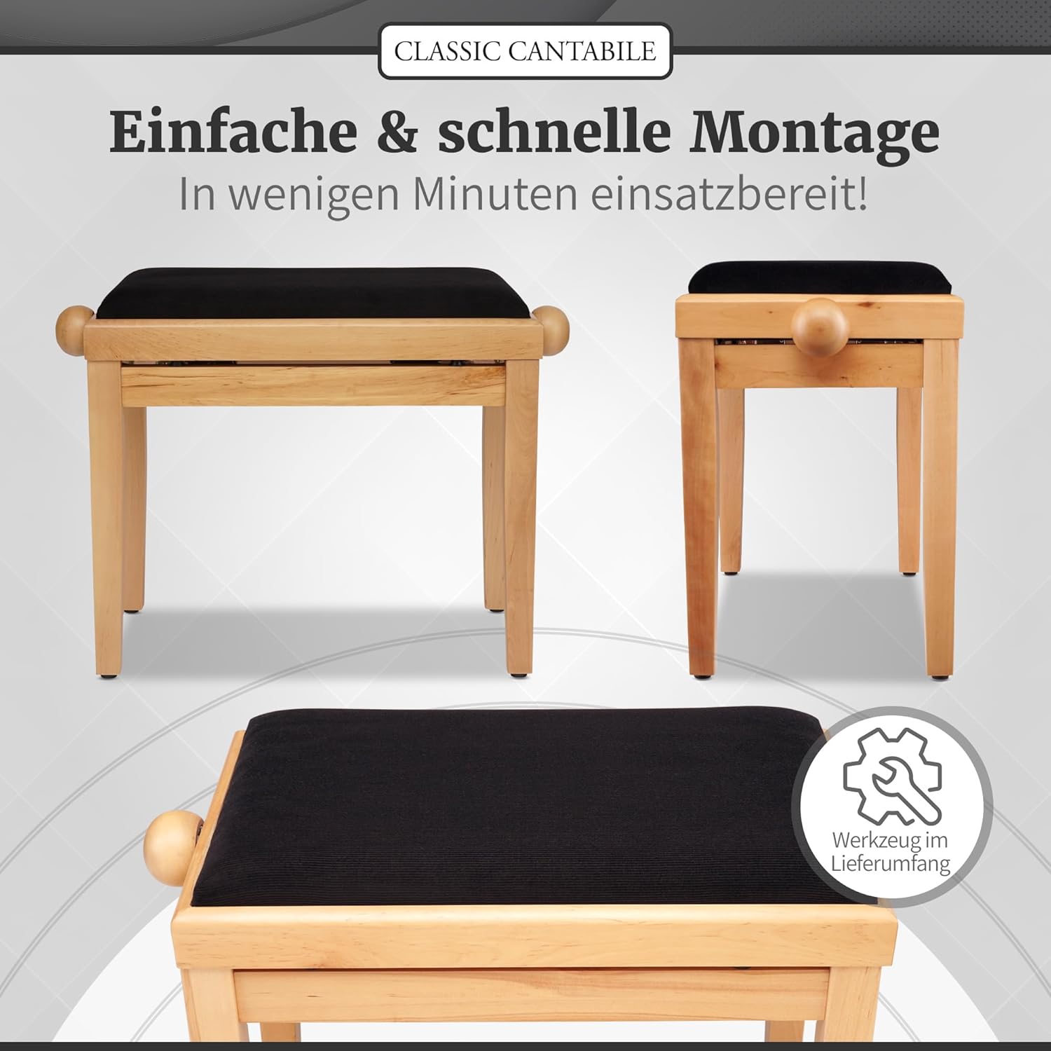 Classic Cantabile Piano Bench Cherry-Bright-Matte (Very Stable Spindle Scissor Mechanism, Height Adjustable from 47-56 cm, Seat 55 x 32 cm)