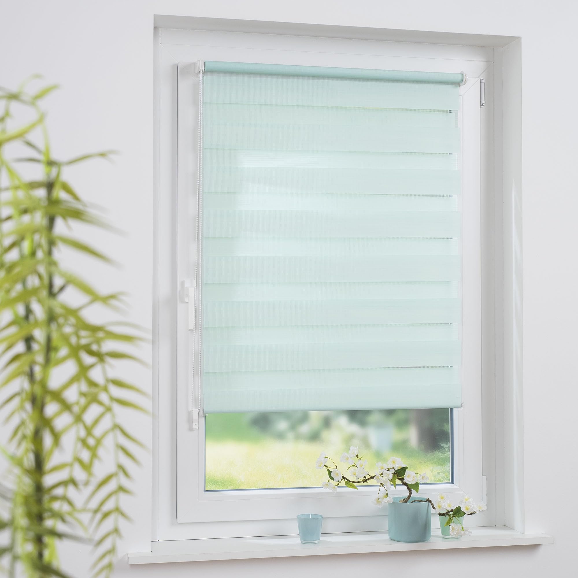 Doppelrollo/Duo Rollo-Lichtdurchlässig & Blickdicht – Montage ohne Bohren – Fensterrollo mit Kettenzug, Breite: 90 cm/Höhe: 160 cm, pastellgrün