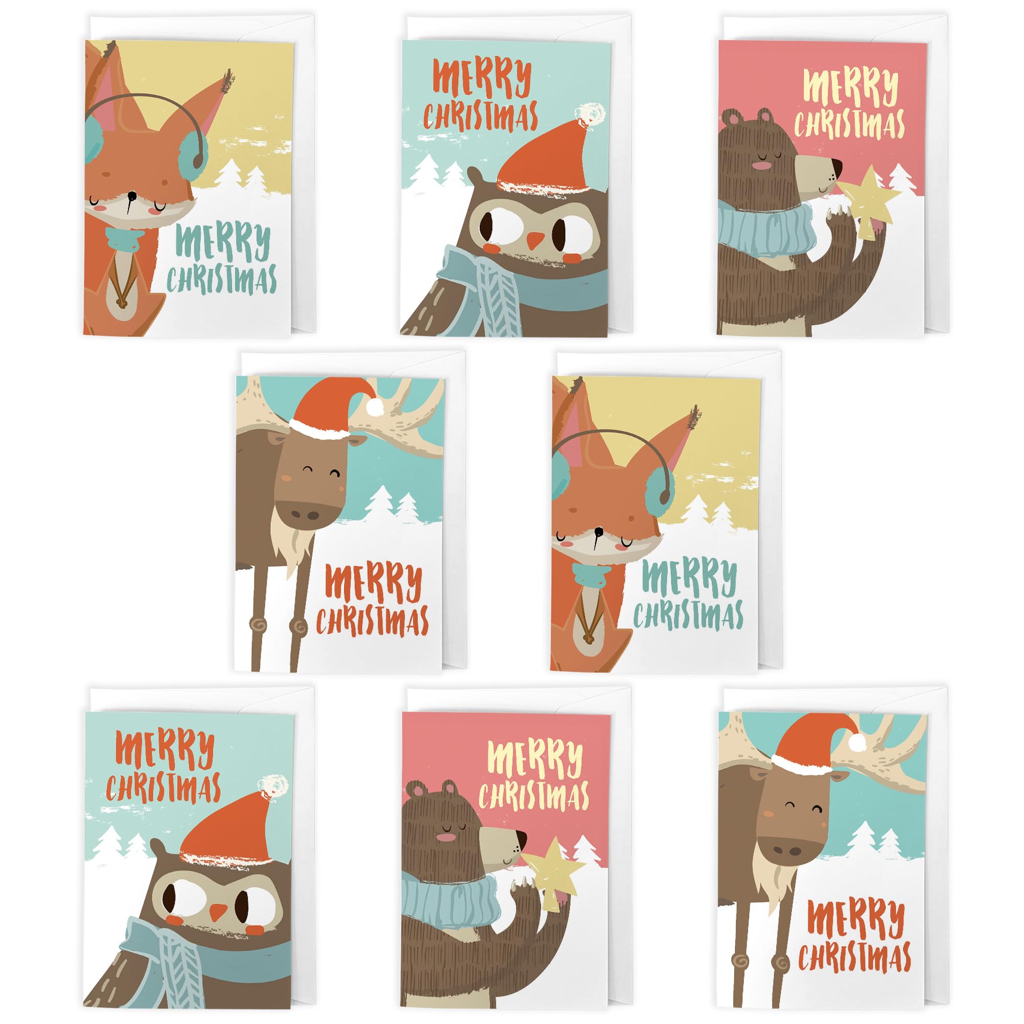 Artery8 Cute Animal Christmas Cards Set of 8 - A6 Size - Festive Winter Fox Owl Bear Reindeer