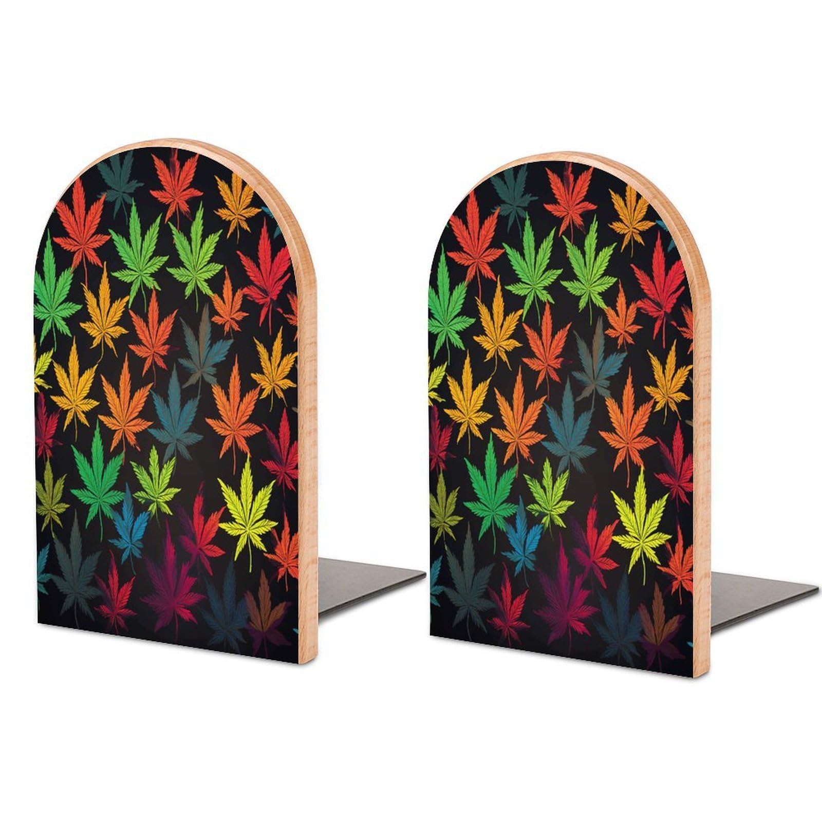 Colorful Cannabis Leaves Bookend Wood Book End for Shelves Heavy Duty Non-Slip Wooden Bookend Support Universal Economy Bookends Fancy Modern Decorative Book Accessories 1 Pairs