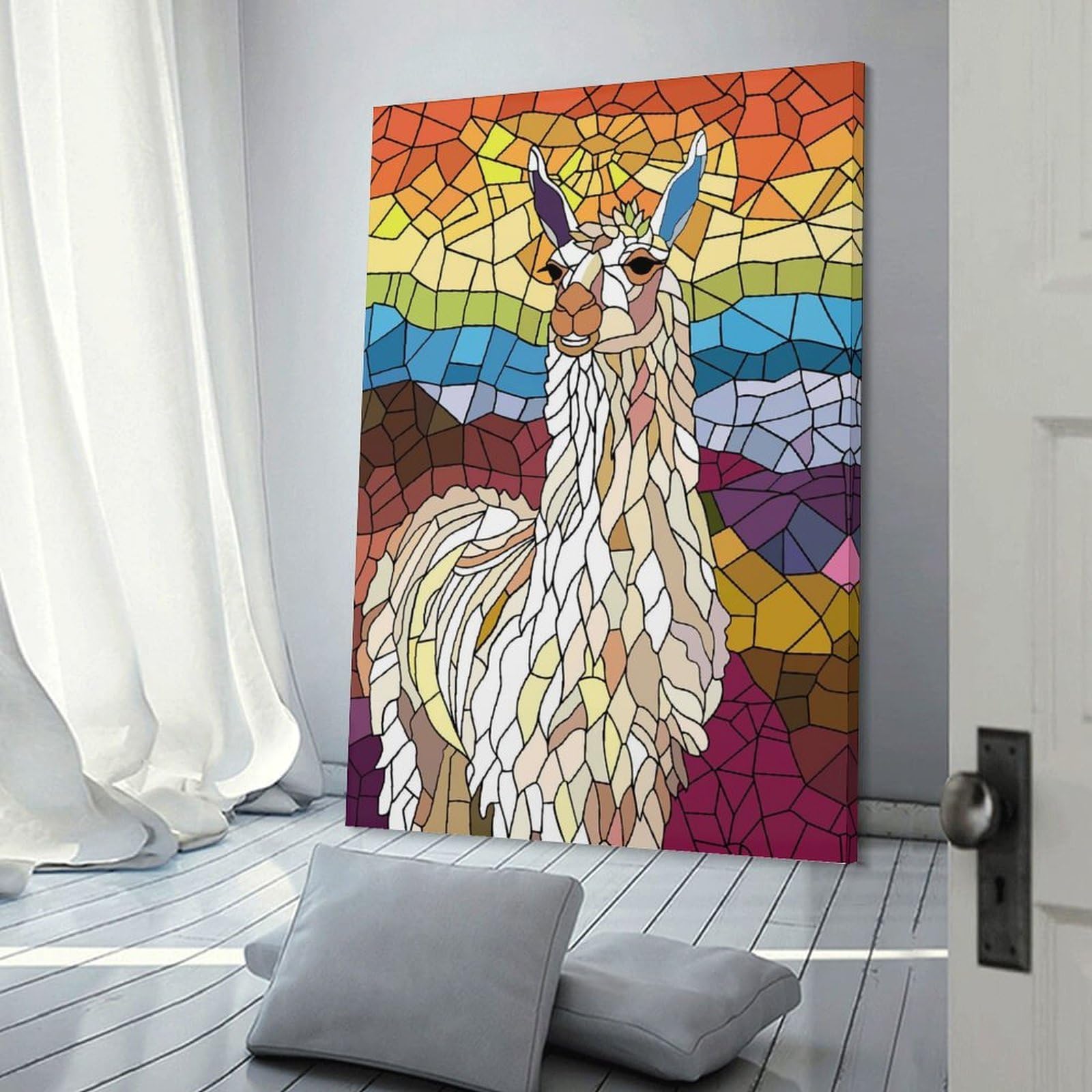 Junmoney Stained Glass Llama Portrait Wall Picture Print 20x30inch(50x75cm), for Lounge Decor, Offices Or Entryway Styling, A Flexible Wall Accent for Shared Spaces