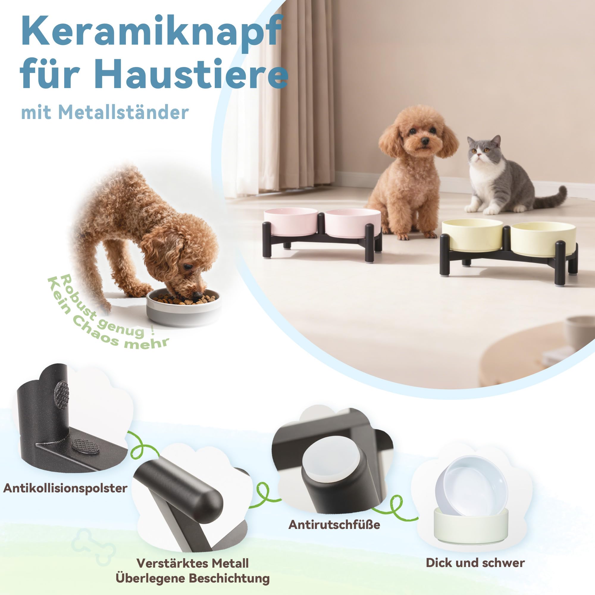 Keramik Hundenapf Erhöht mit Edelstahl-Ständer - Stylisch Doppelnapf Futterstation für Katzen und Kleine Hunde - rutschfest Hund Napf Set für Futter und Wasser - 140g / 260ml - Höhe 10cm - Blau