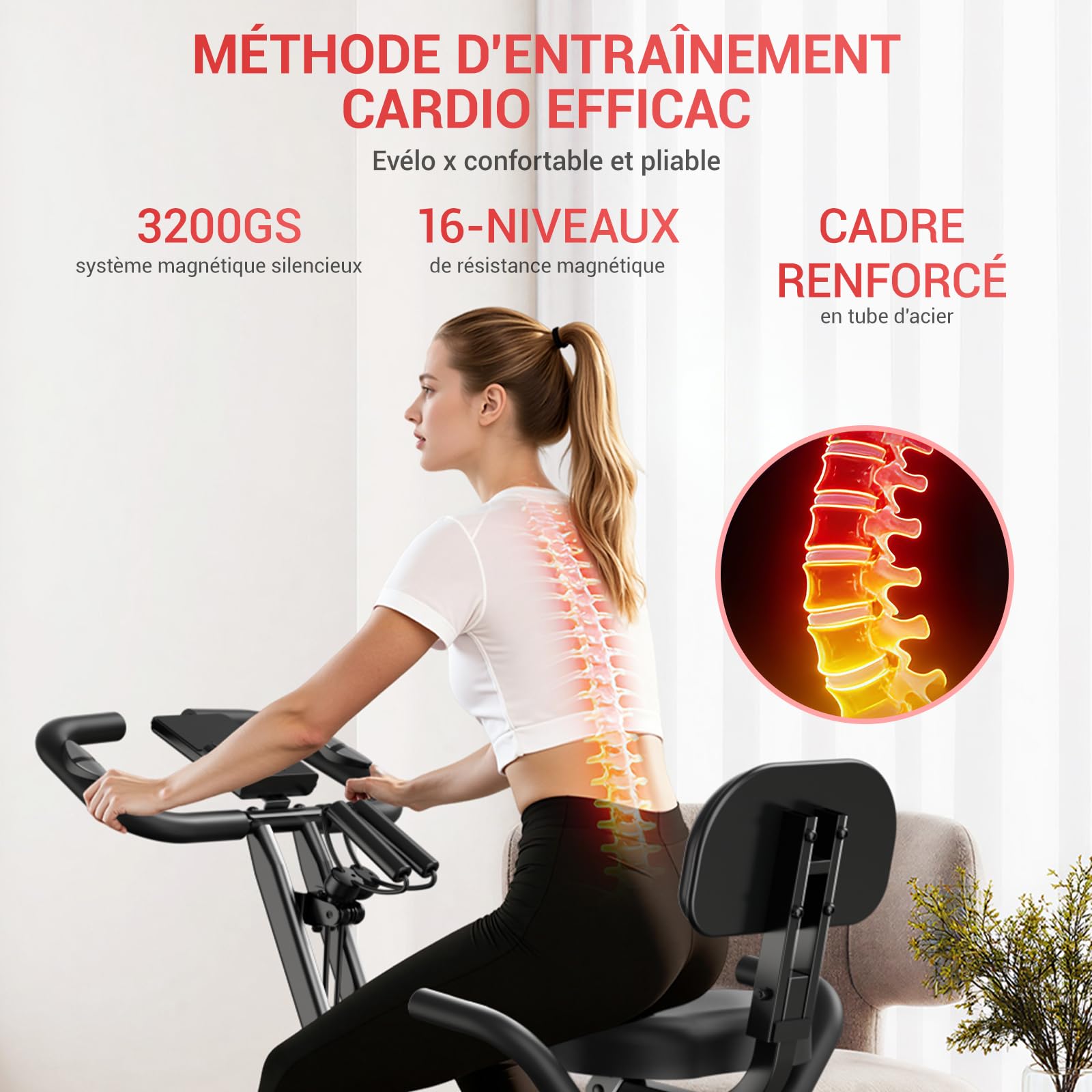 CURSOR velo d appartement pliable, 5-en-1 velo appartement pliable, équipé d'une résistance silencieuse à 16 niveaux. vélos d'appartement avec surveillance de la fréquence cardiaque et écran LED