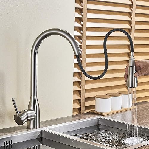 Miniatura 1 de Grifo de fregadero de cocina para bar, granja, comercial, grifo de cocina de níquel cepillado, interruptor extraíble de 2 funciones, grifo mezclador