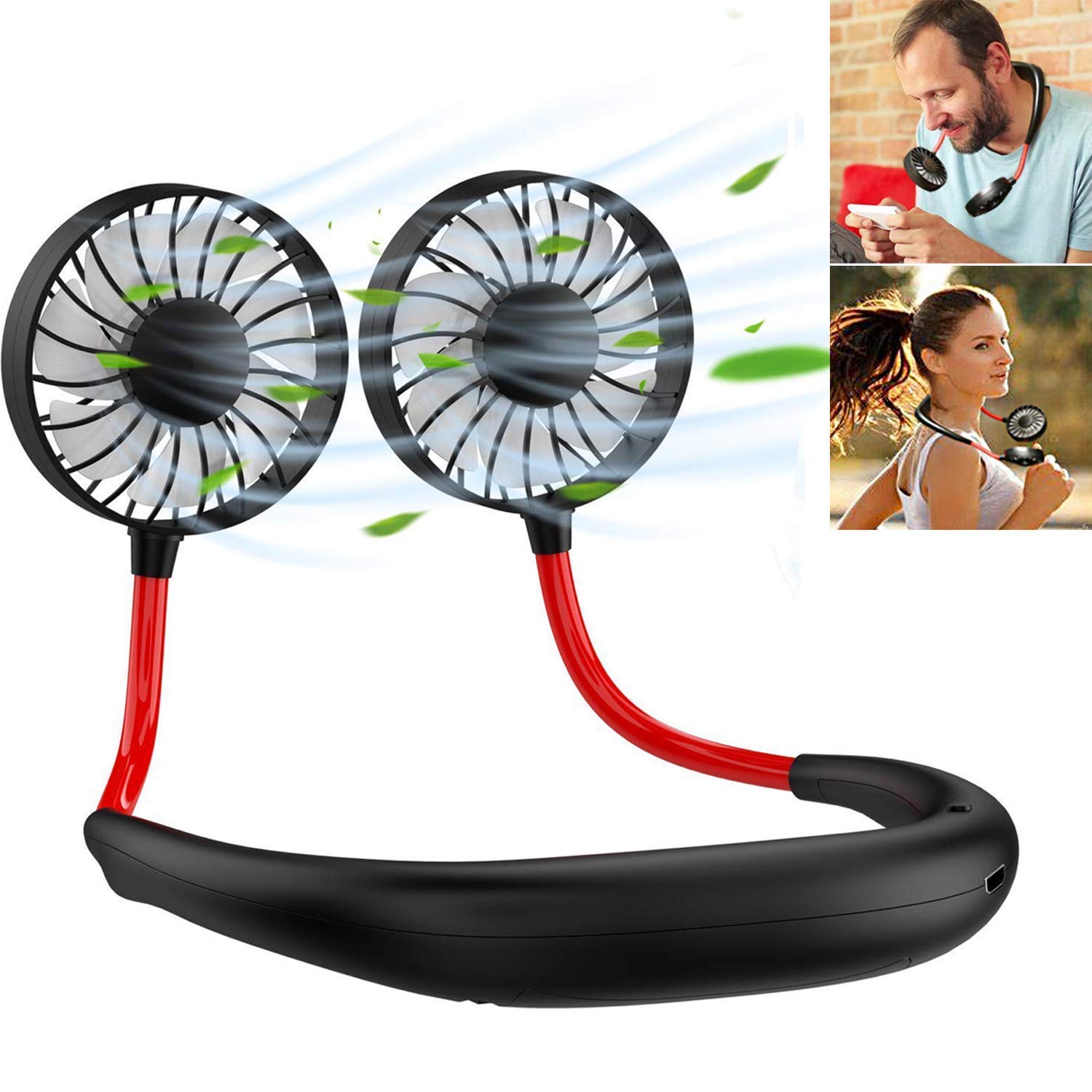Bigsavings Portable Handsfree, Neck-Hanging USB Rechargeable Double Fan, 3 Speeds and 360 Degree Rotation for Outdoor Sport Camping Travel Office (Type 2), Multi Color