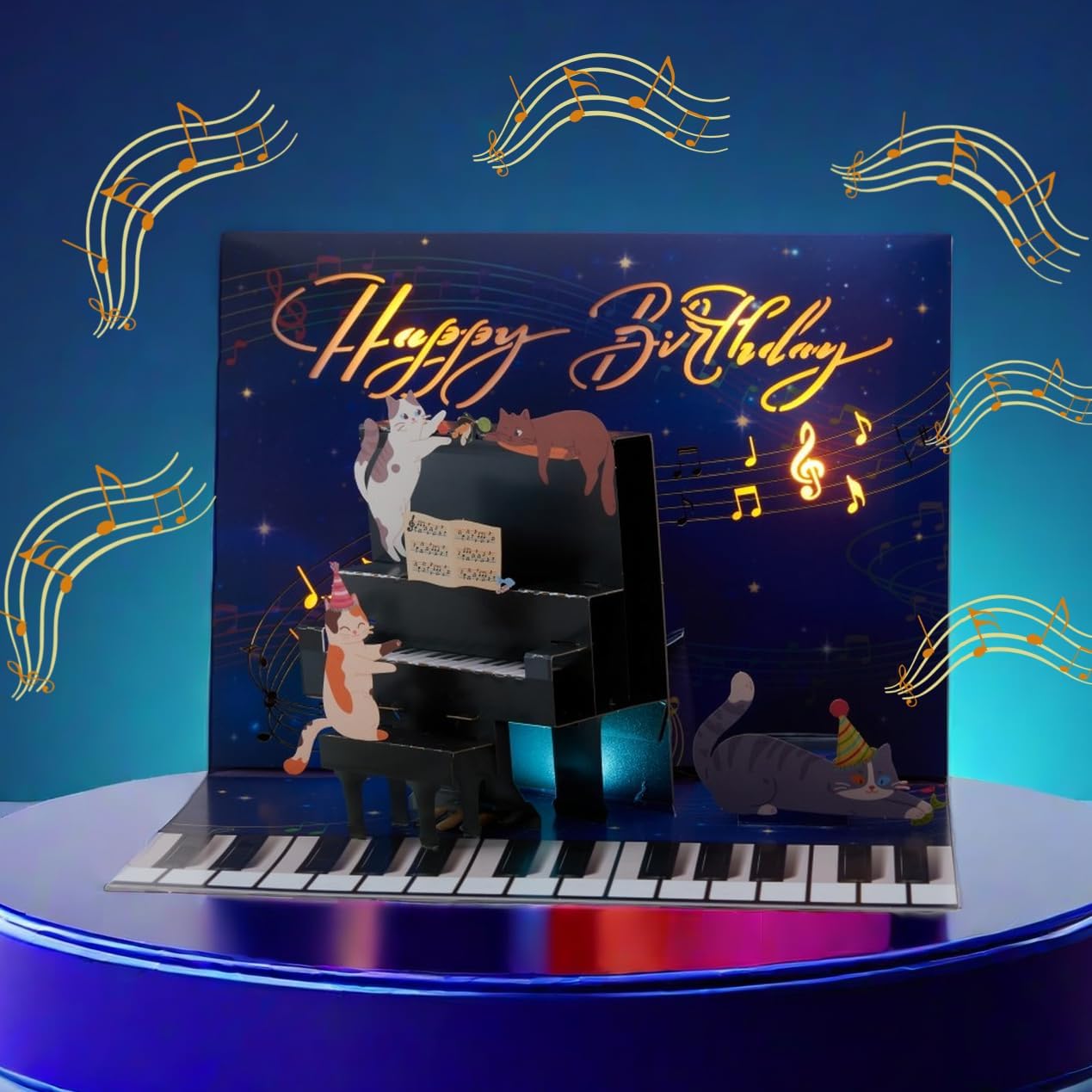 Lovario 3D Pop Up Musical Birthday Card with Lights, Piano Cat Design, Plays “Happy Birthday” Melody, Keepsake Gift Card (6×8 in) - Image 4