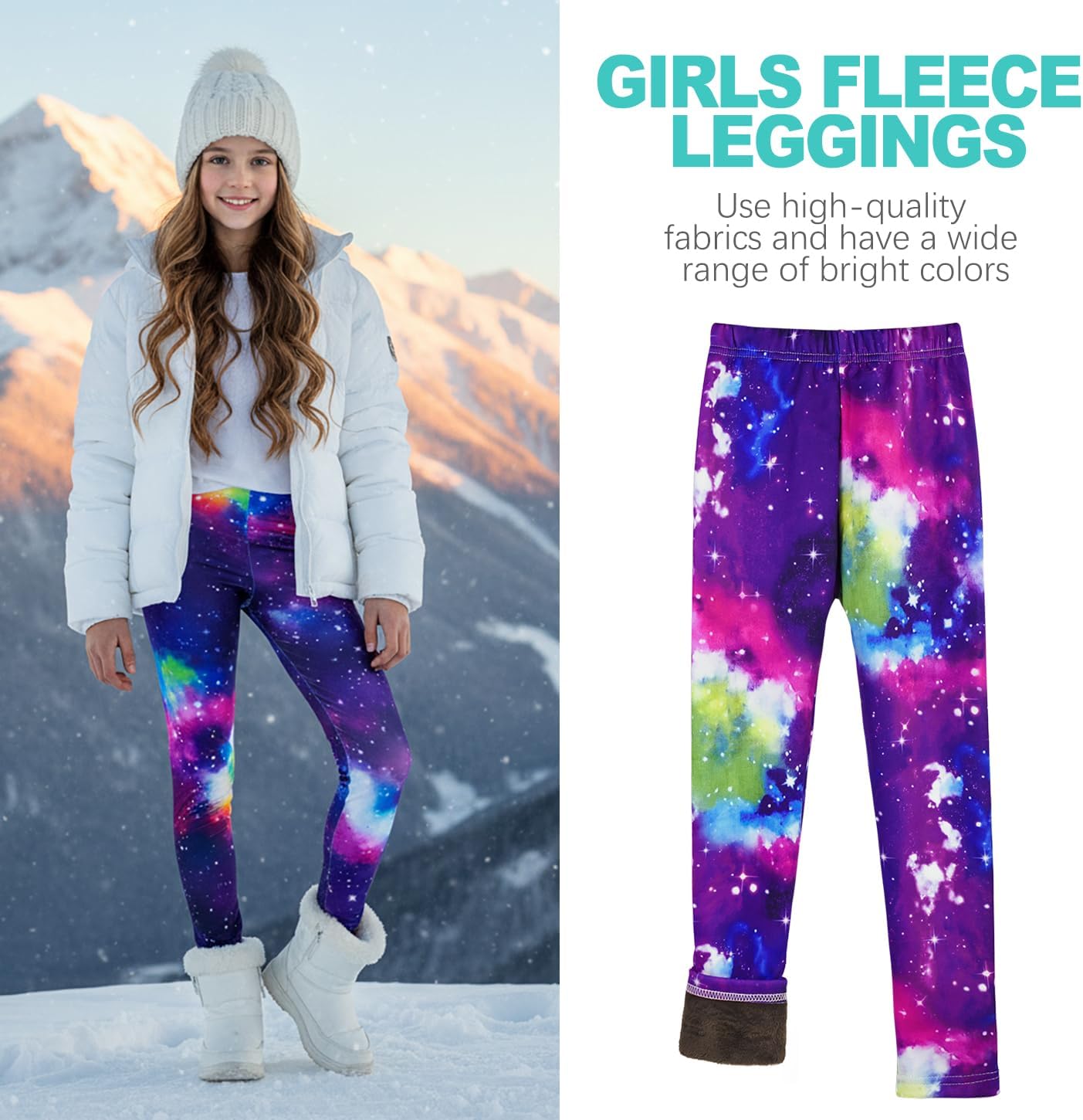 Girls Fleece Lined Leggings, Warm Winter Thermal Pants for Kids & Toddlers, Thick Cozy Lined Leggings for 4-10Years - Image 2