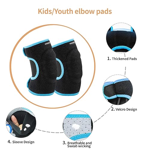 Miniatura 4 de YEEKORO Juego de rodilleras y coderas para niños, rodilleras ajustables para jóvenes, juegos de protección con almohadillas gruesas SBR para montar,