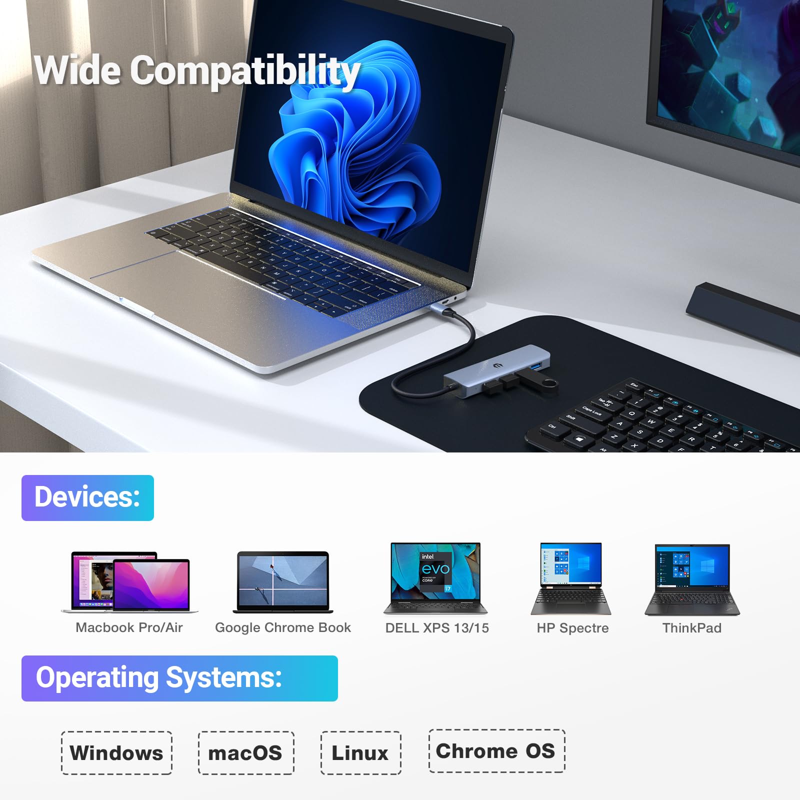 Hub USB 3.2, concentrador adaptador USB de 10 Gbps, concentrador de datos portátil ultra delgado con 4 puertos USB 3.2, cable de datos de 7.8 pulgadas para MacBook Pro/Air, iPad Pro/Air,
