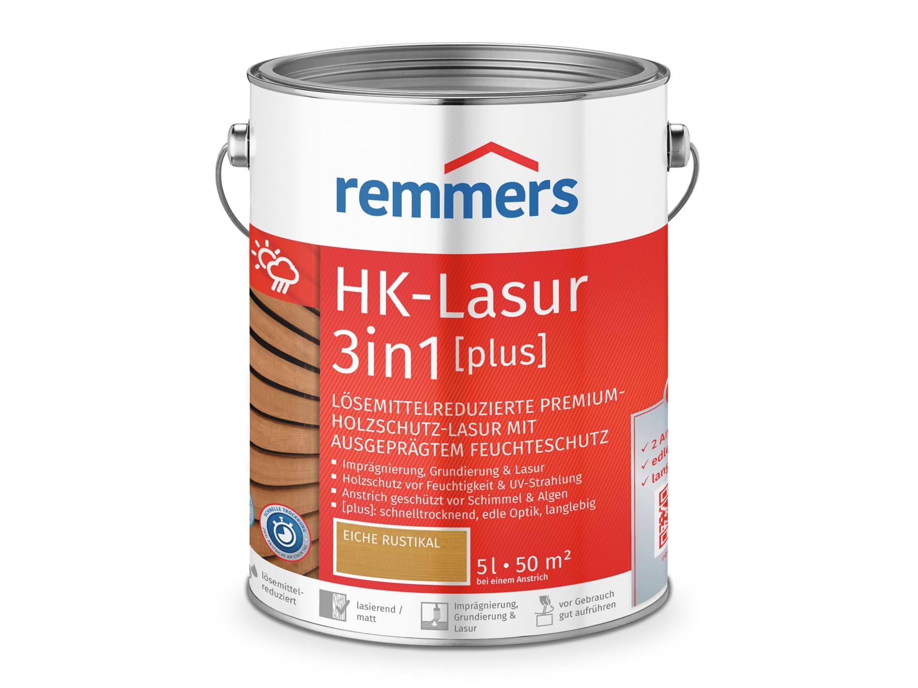 Remmers Barniz HK 3 en 1 [plus] roble rústico, mate, 5 litros, barniz para madera de primera calidad, barniz para madera exterior, protección triple con impregnación + imprimación + barniz