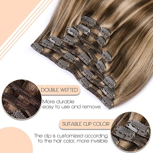 Miniatura 2 de VINBAO Extensiones de cabello humano con clip, extensiones de cabello humano real, color rubio caramelo con marrón oscuro, extensiones de cabello