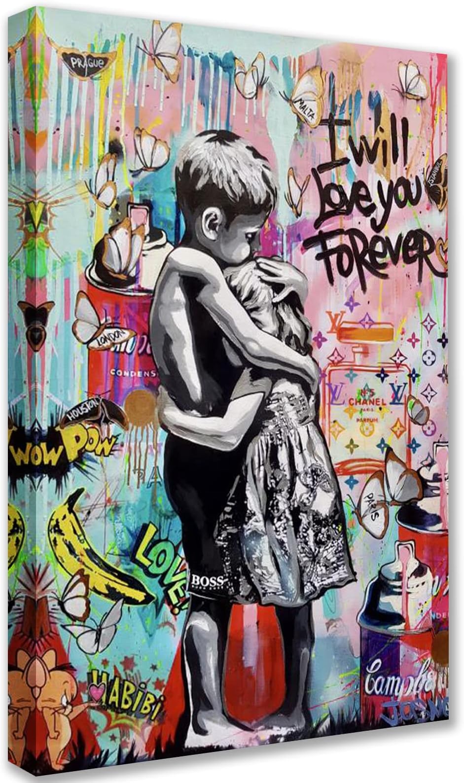 Tucocoo Room Decor Graffiti Paintings Banksy Little Boy and Girl Pictures 1 Panel Canvas Street Pop Wall Art Modern Artwork Home Decor for Living Room Framed Gallery-Wrapped Ready to Hang 24x36inch