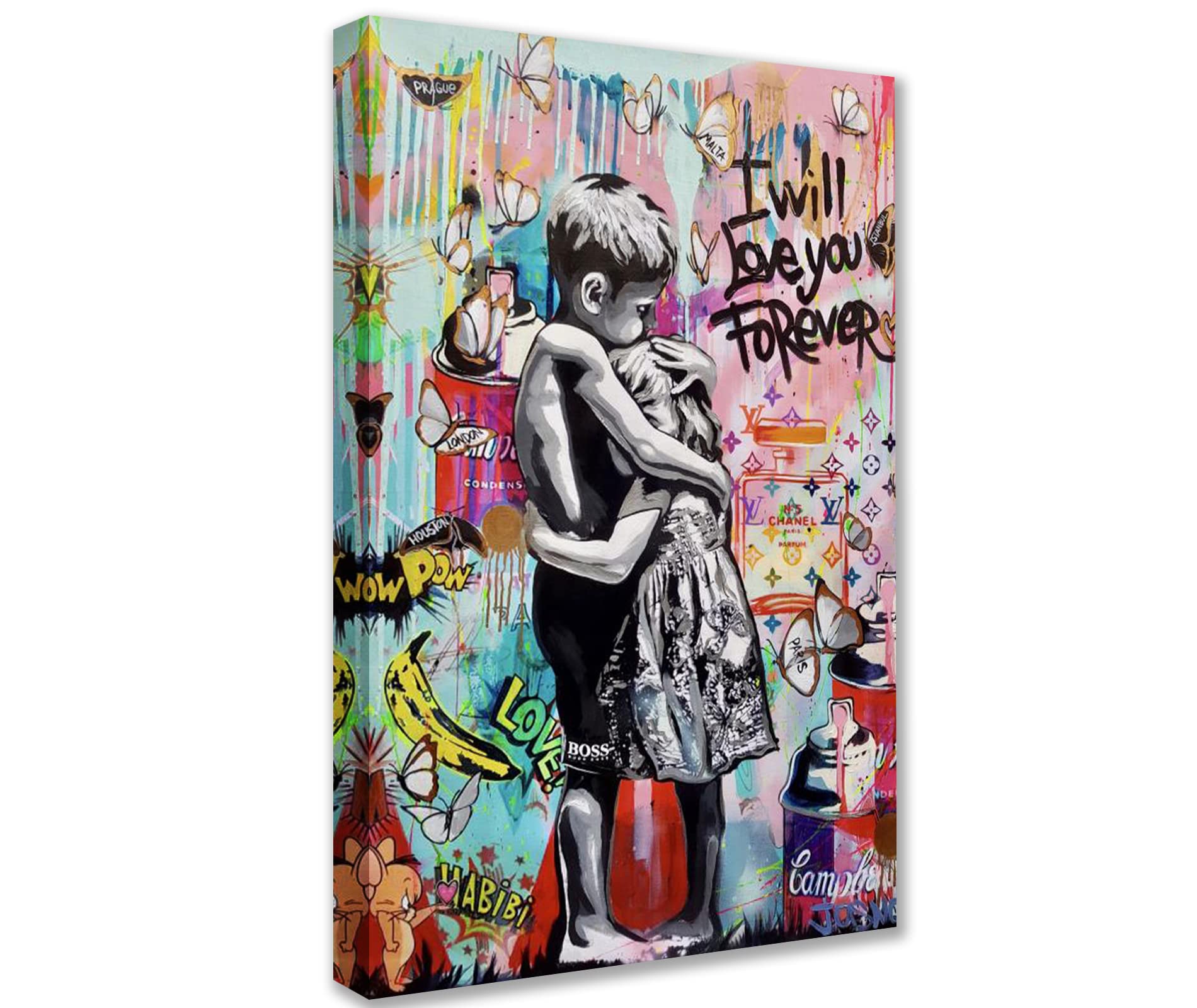 Tucocoo Room Decor Graffiti Paintings Banksy Little Boy and Girl Pictures 1 Panel Canvas Street Pop Wall Art Modern Artwork Home Decor for Living Room Framed Gallery-Wrapped Ready to Hang 24x36inch