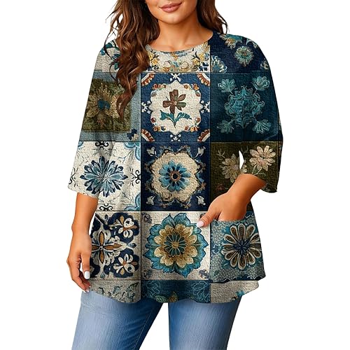 Womens 3/4 Sleeve Tops Oversized Tshirts with Pockets Plus Size Tunics Top Dressy Casual Tees Summer Loose Fit Blouses