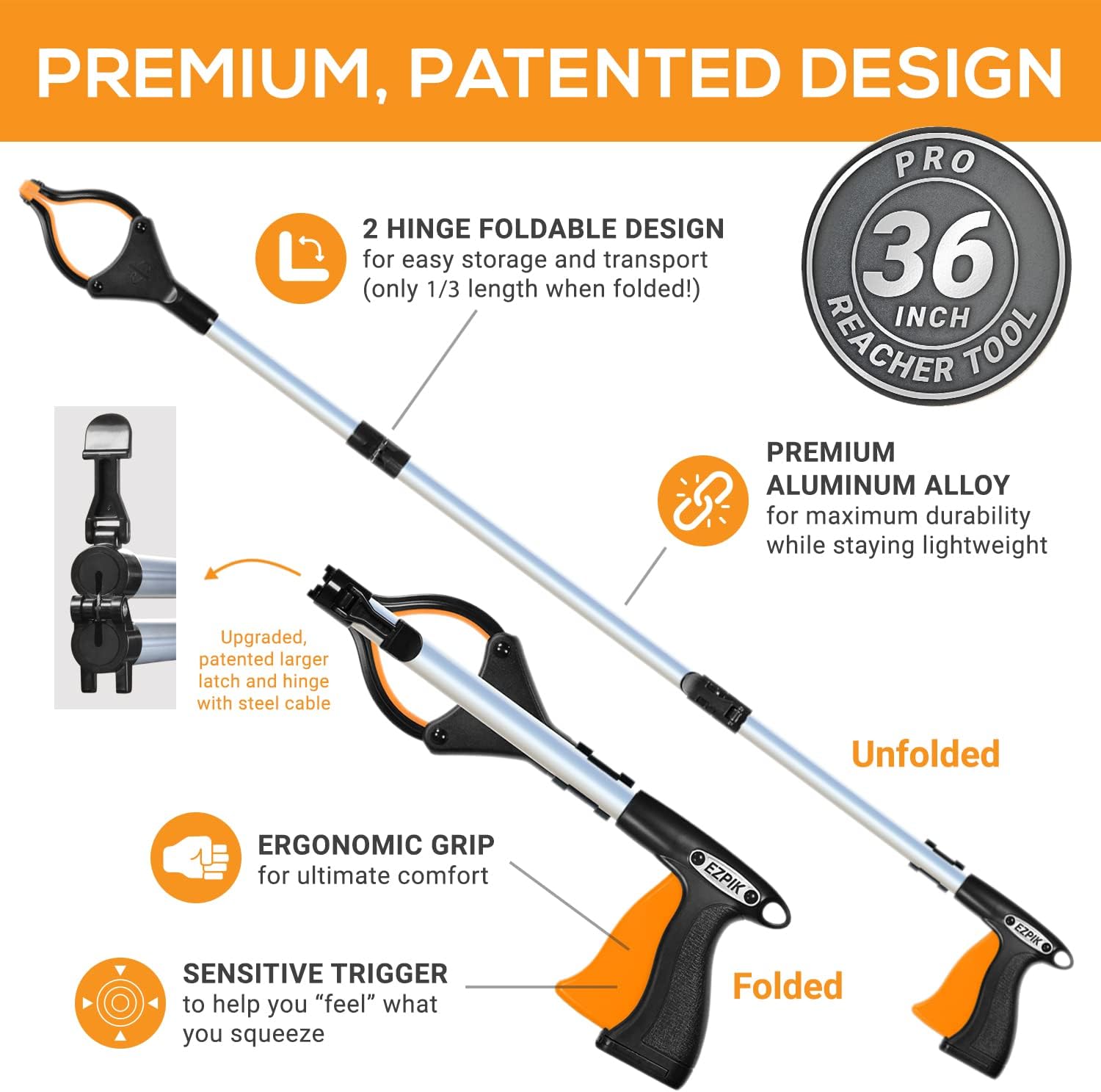 EZPIK Pro 36" Flexible Folding Grabber Tool for Elderly + Magnets, Reacher for Disabled & Seniors Heavy Duty Rotating Grippers for Reaching Underneath, Trash Grabbers & Pickers for Mobility