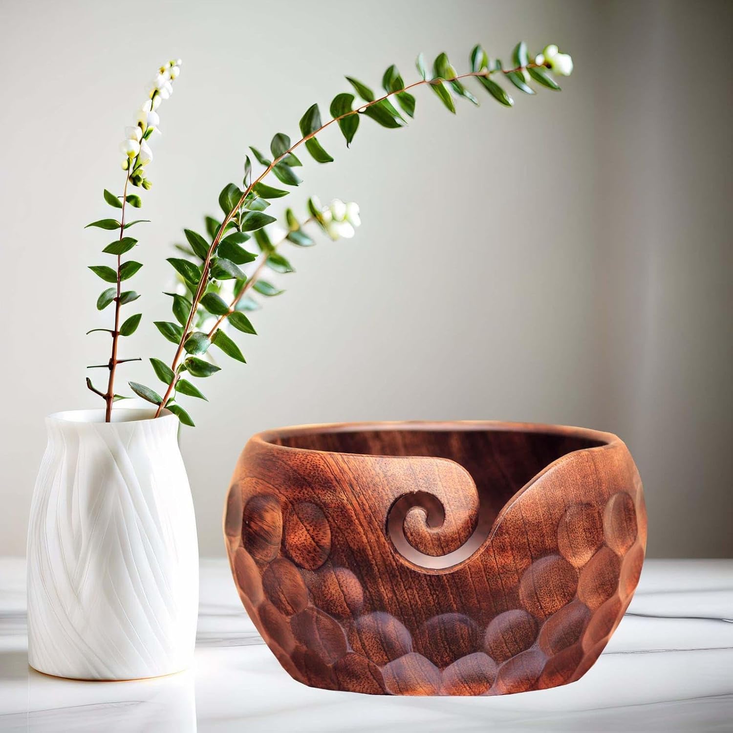 Handcrafted Wooden Yarn Bowl for Knitting and Crochet – Rustic Decorative Design Textured Finish – Portable, Durable, and Ideal for Yarn Storage – Gift for Knitters and Crocheters