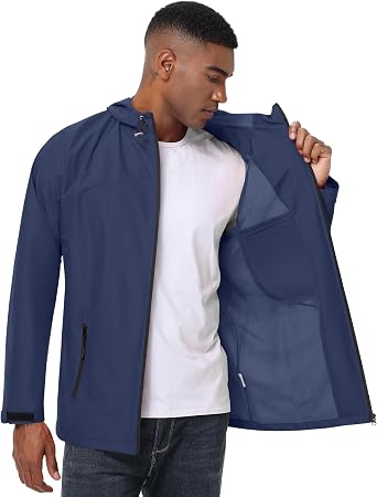 Avoogue Mens Waterproof Lightweight Rain Jacket Breathable Active Outdoor Hooded Raincoat Casual Trendy Jackets Work Jacket