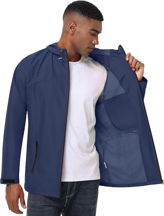 Avoogue Mens Waterproof Lightweight Rain Jacket Breathable Active Outdoor Hooded Raincoat Casual Trendy Jackets Work Jacket