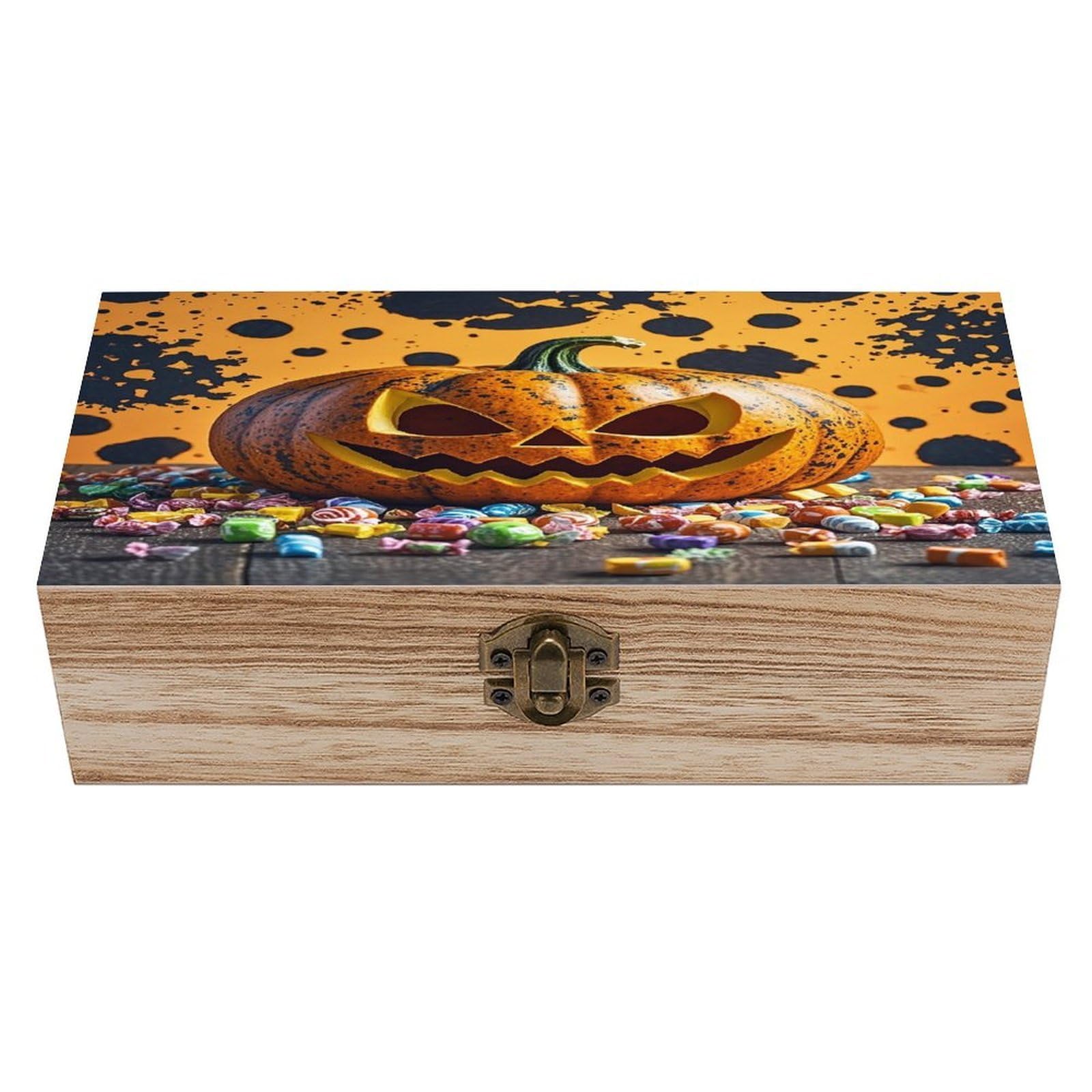 FekiLoot Pumpkins And Candies Wooden Box with Hinged Lid Vintage Storage Box Beautifully Keepsake Boxes Jewellery Organiser & Trinket Holder Unique Gift Ideas for Men & Women