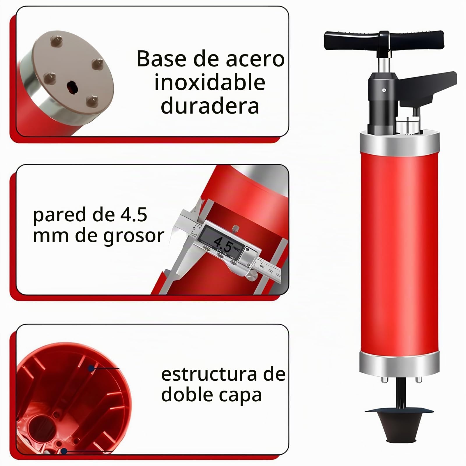 Desatascador Émbolo de Inodoro de Alta Presión con 4 Ventosas, Desatascador Tuberias Profesional con Barómetro Visual, Desatascador WC a Presion, Desatascador Aire Comprimido