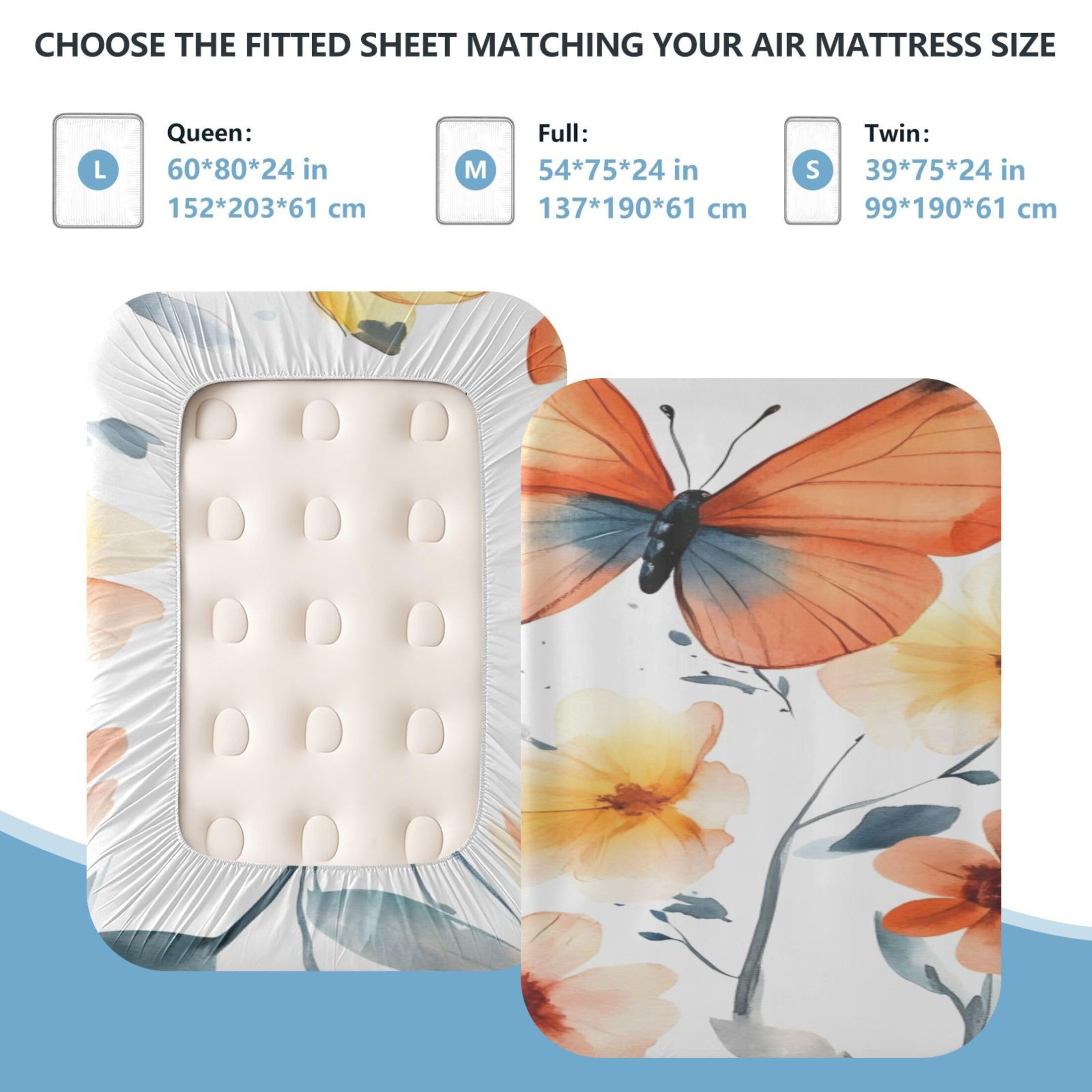Sábana bajera ajustable tamaño individual con diseño de mariposa de acuarela para colchón de aire, bolsillo extra profundo de 24 pulgadas, funda suave y transpirable con apertura de válvula
