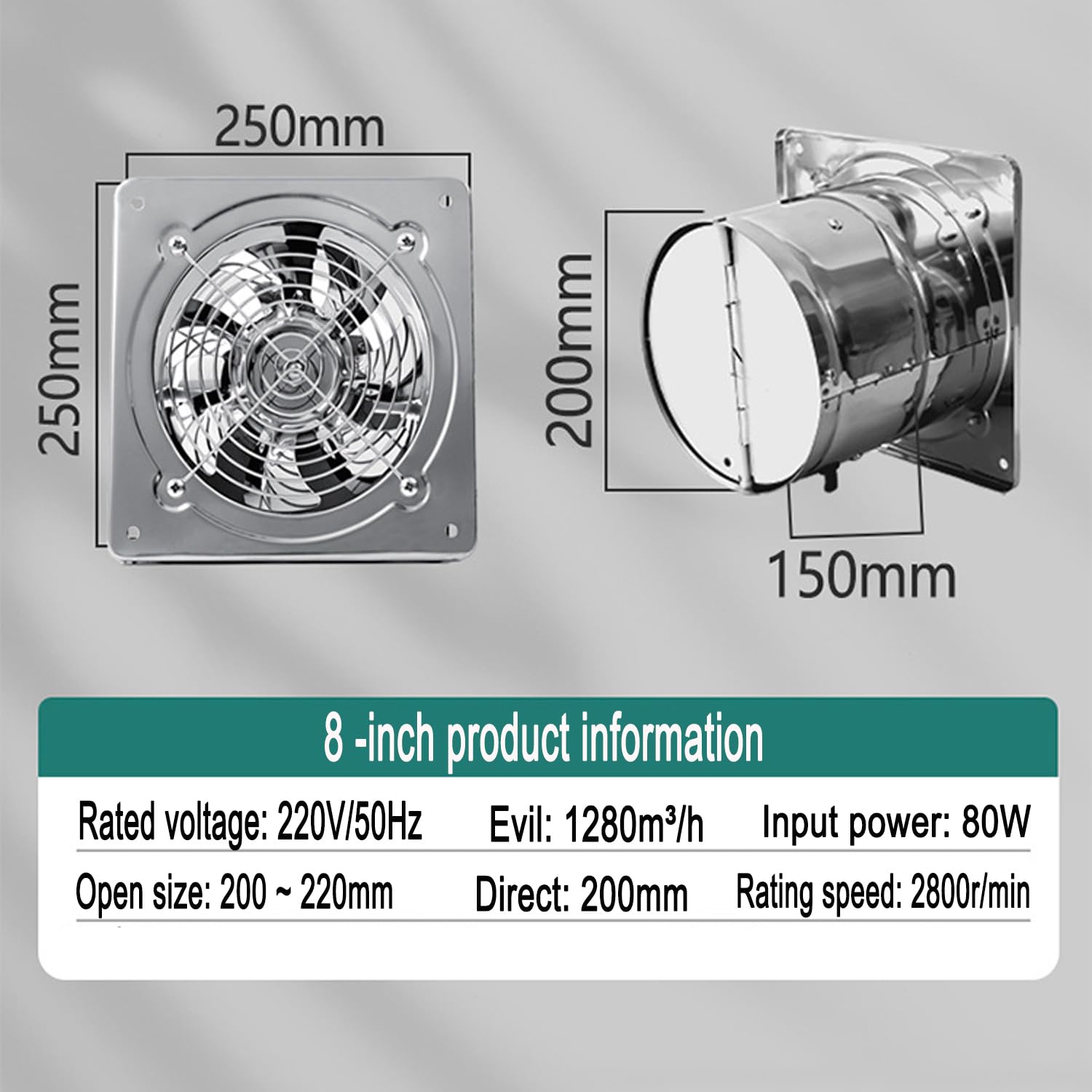 Extractor de aire para baño, Ø 200~220 mm, 8 pulgadas, con aleta antirretorno, volumen de aire de 1280 m³/h, silencioso, para cocina, ventana, pared o cristal, para ducha, oficina, garaje, WC