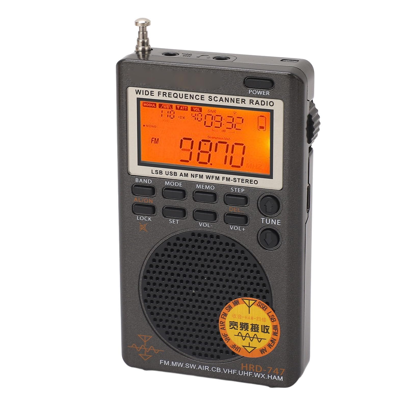 Receptor de Radio Banda Completa DSP Portátil - Compatible con FM, MW, SW, SSB, LSB, Air CB - Espacio de Memoria Amplio - 8Ω 1W Altavoz para Transmisión FM Global