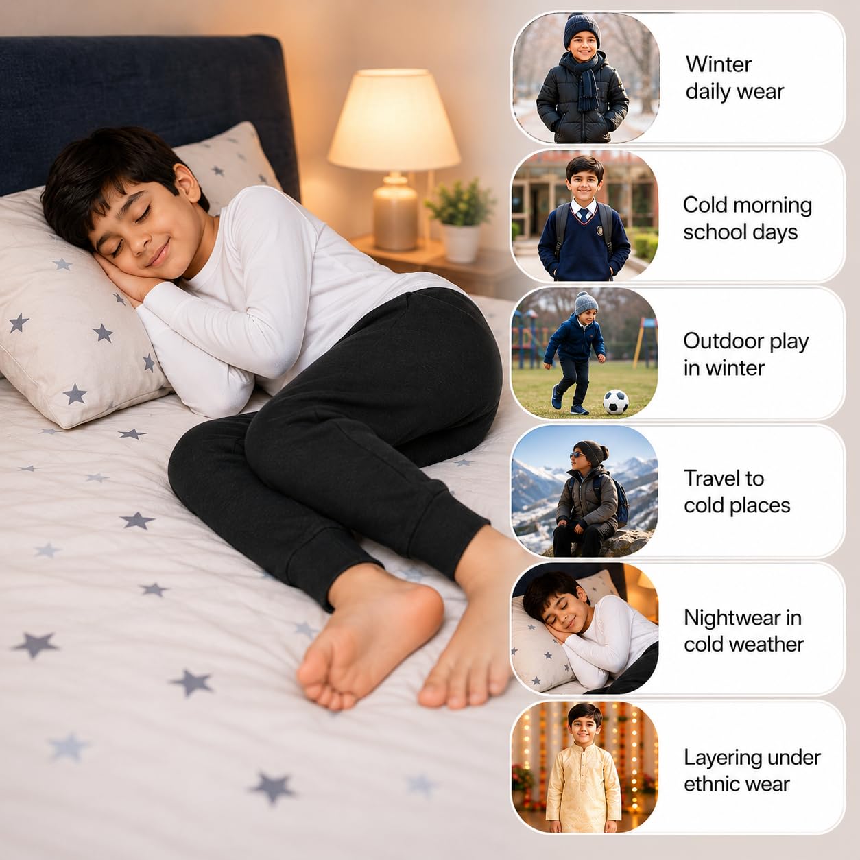 Our Little Munkee Kids Cotton Fleece Thermal Pyjama Lower, Pack of 3 (Brown + Black + Dark Blue), Unisex for Boys & Girls, 8-9 Years 2