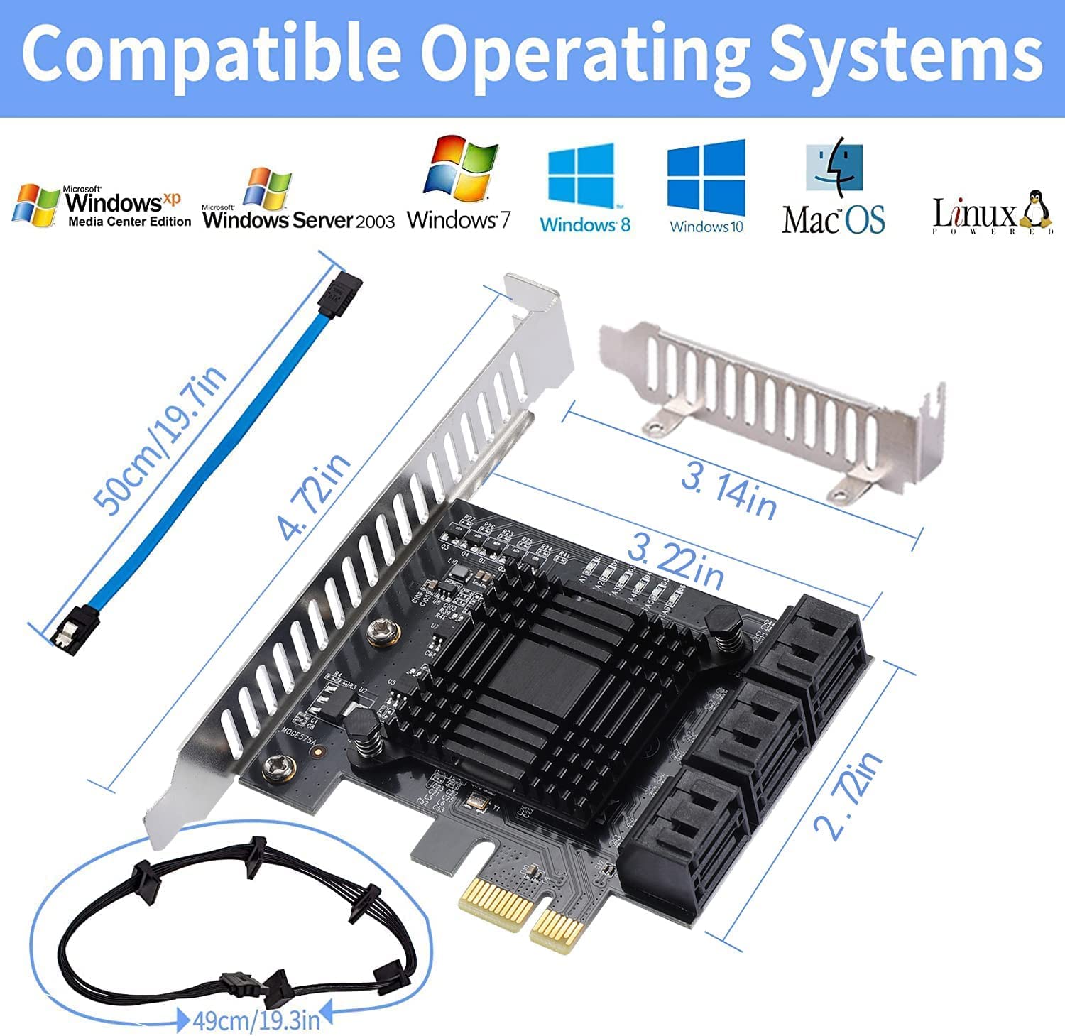 6 porte SATA Scheda controller PCIE SATA, controller SATA 3.0 6 Gbps, Viene fornito con 6 cavi dati SATA, supporto scheda PCI Express 6 dispositivi SATA 3.0, supporto Windows, MAC, Linux