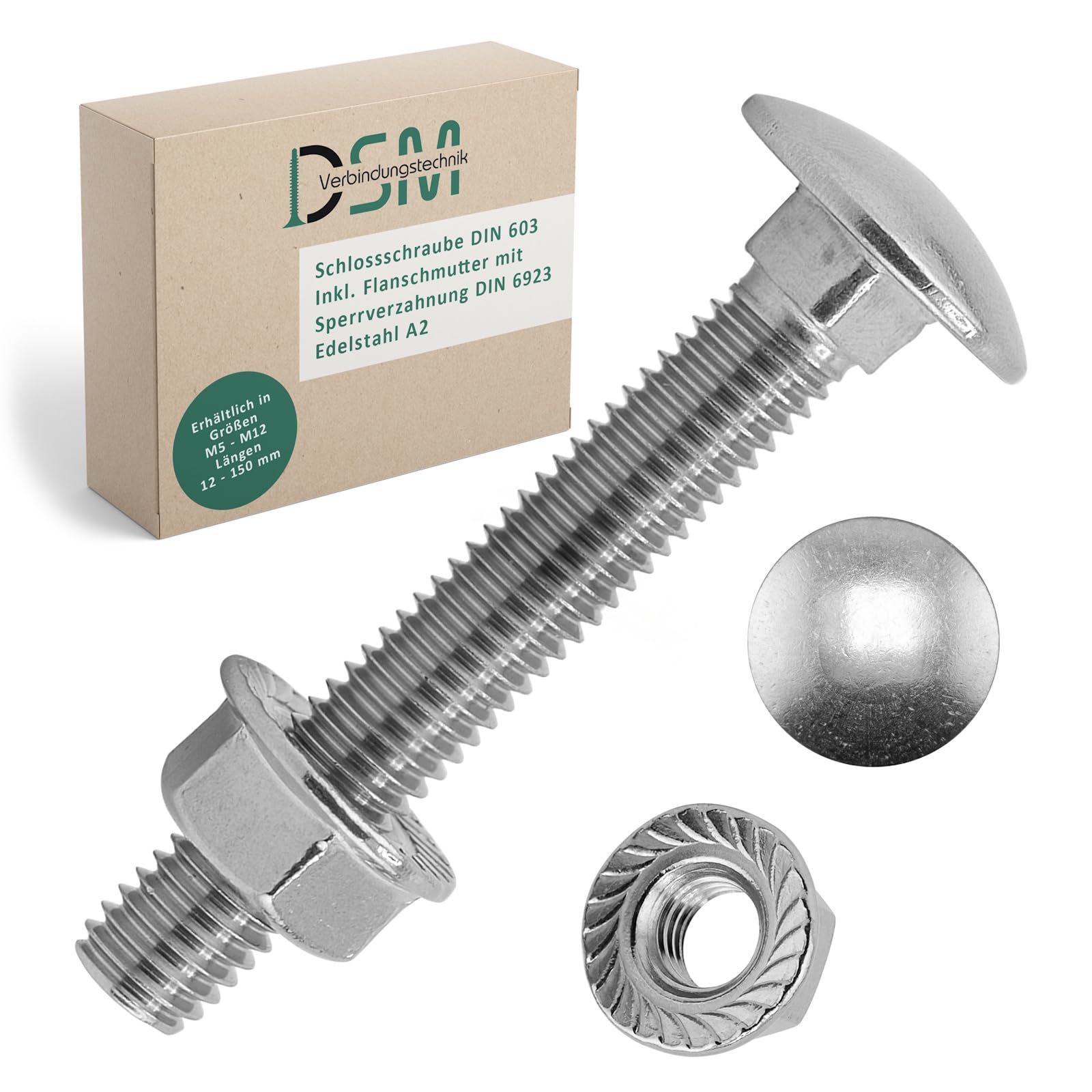 DSM – Viti a testa tonda M6 x 70 mm a norma DIN 603 – Dado flangiato M6 con dentatura di bloccaggio DIN 6923 – Acciaio inox A2/V2A – Viti a testa tonda piatta con attacco quadrato – Dado esagonale con