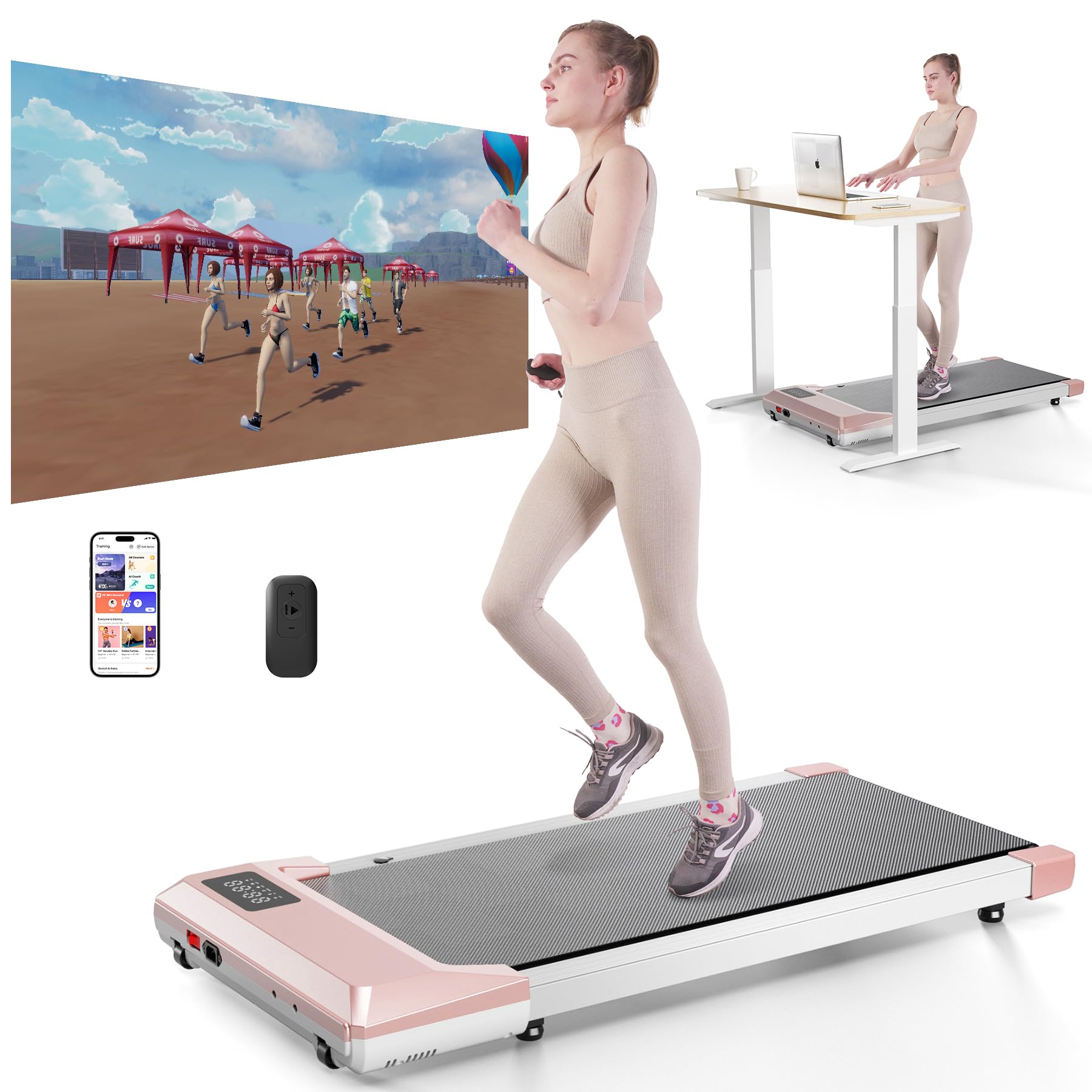 DeerRun 2025 Upgrade Walking Pad - Raceable Smart Under Desk Treadmill with Rewards Program, Quick Setup, 2.5HP, APP/Remote Control, LED Display, 300 lbs Capacity